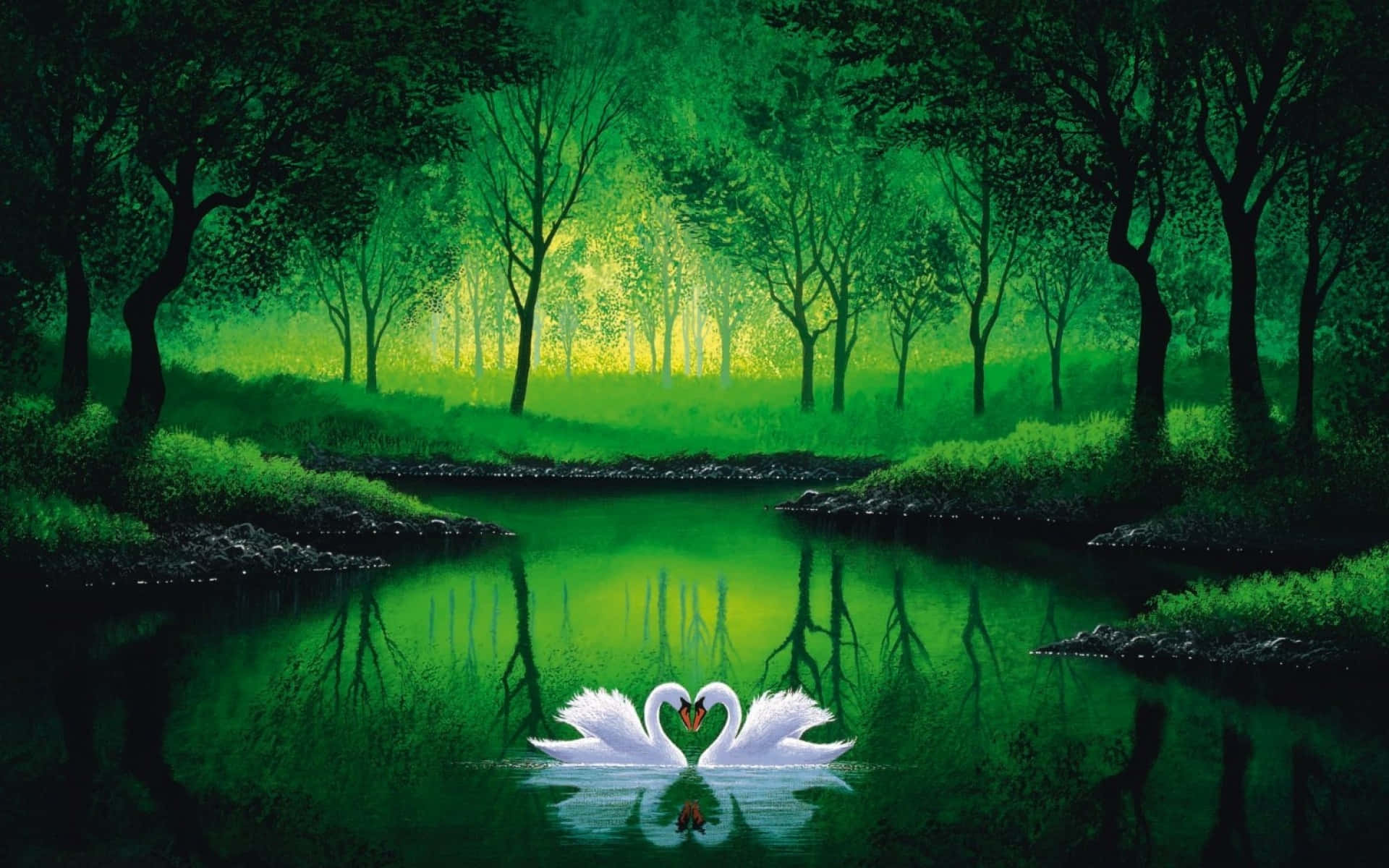 swan, pond, glowing green pond, Full HD Desktop Wallpaper