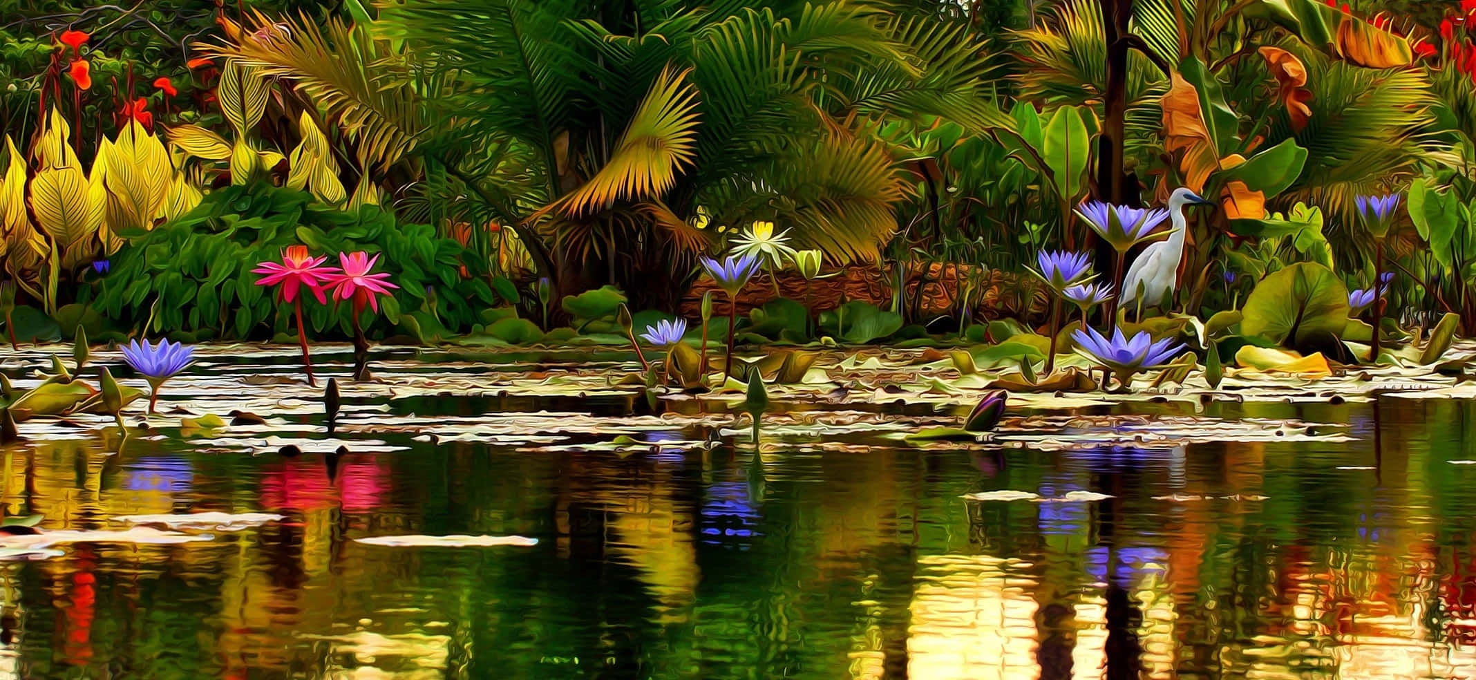 Pond, tropical pond, colorful water lilies, Full HD Desktop Wallpaper