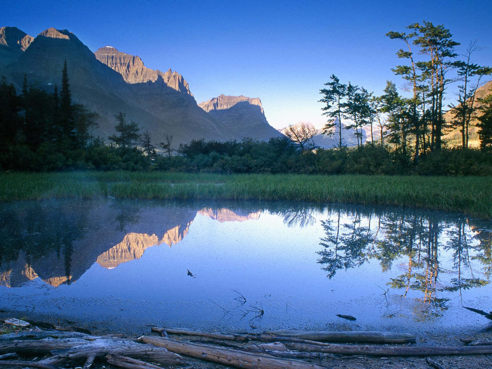 lily pond, mountain lake, jagged peaks, HD Desktop Wallpaper