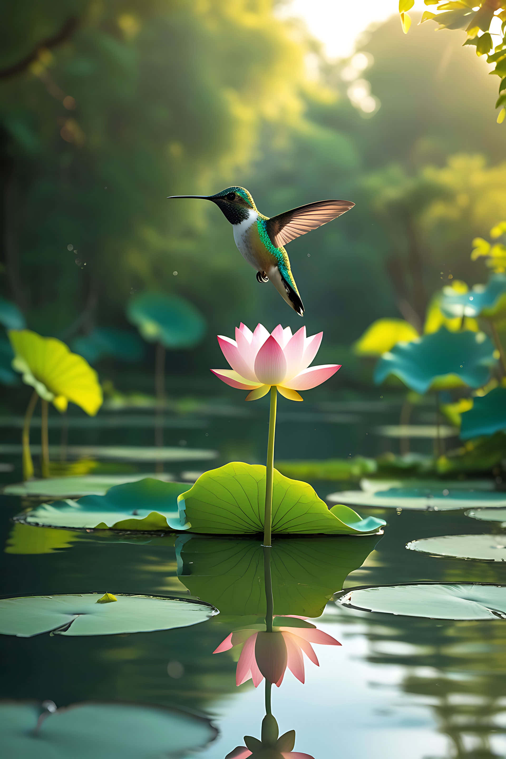 hummingbird, pink lotus flower, pond, 2K Phone Wallpaper