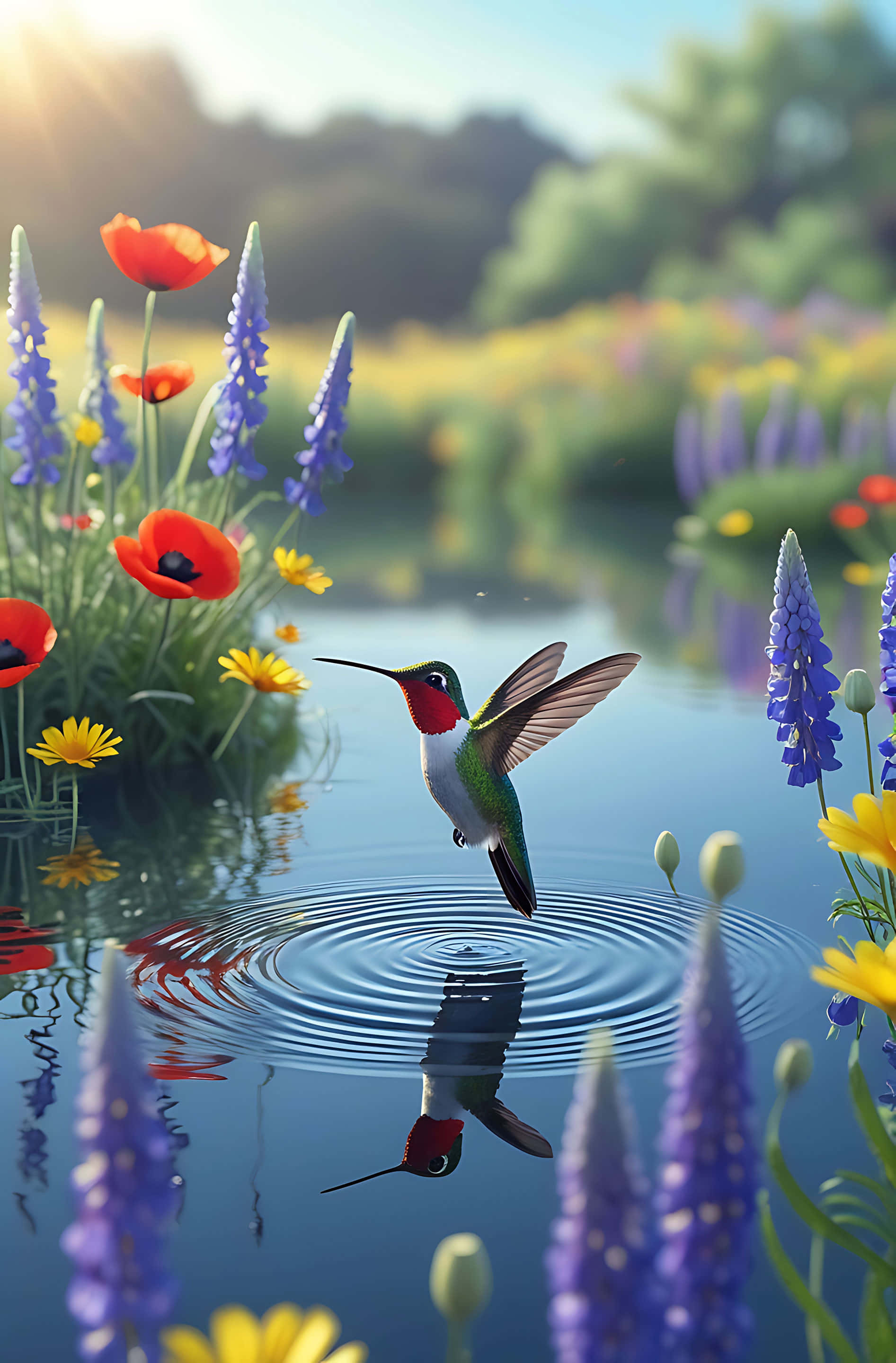 hummingbird, pond, red poppies, 2K Phone Wallpaper