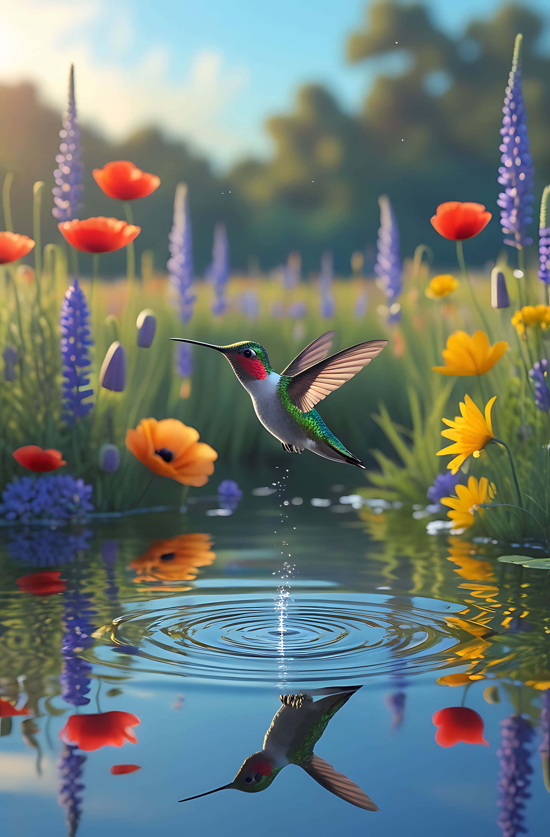 hummingbird, pond, red orange flowers, 2K Phone Wallpaper