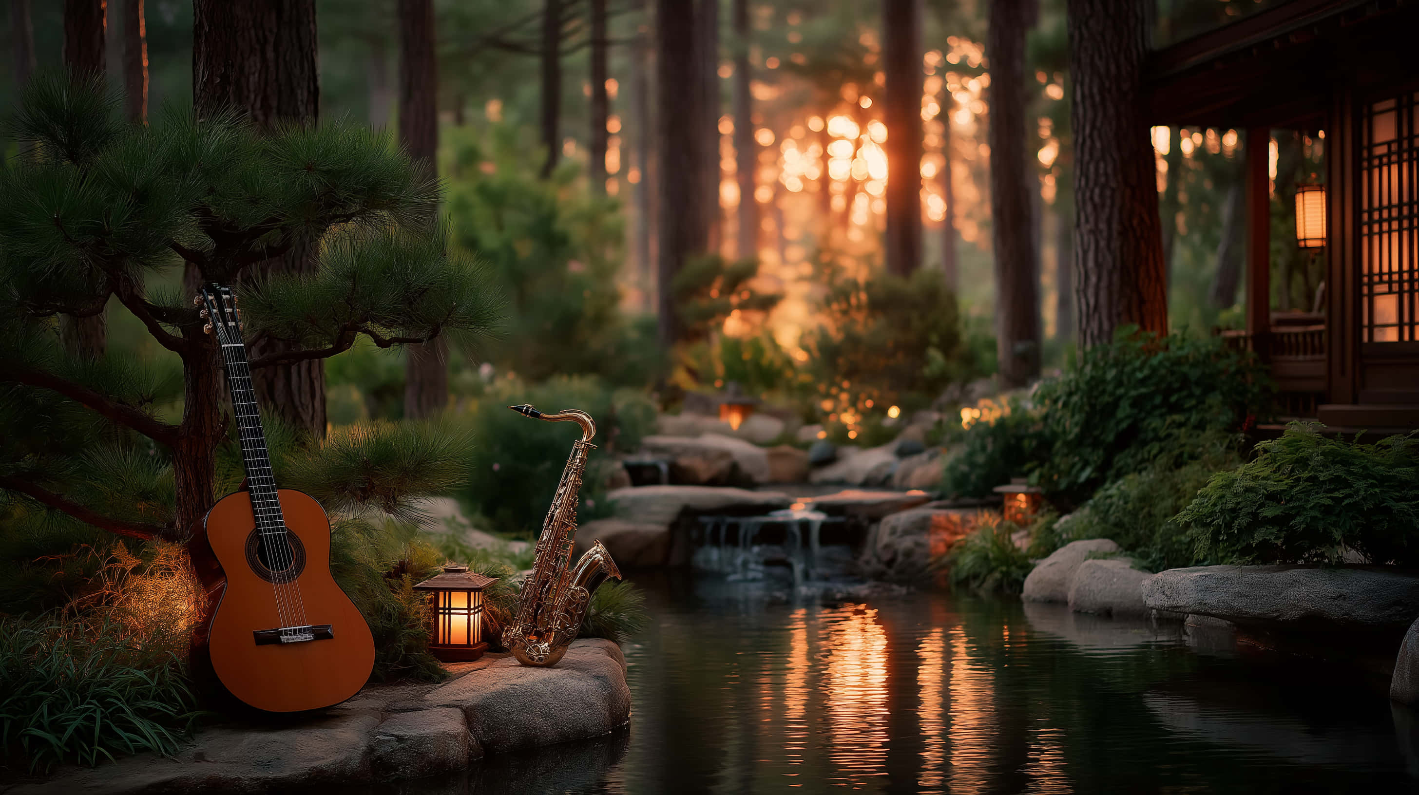 Pond, guitar, saxophone, 2K Desktop Wallpaper