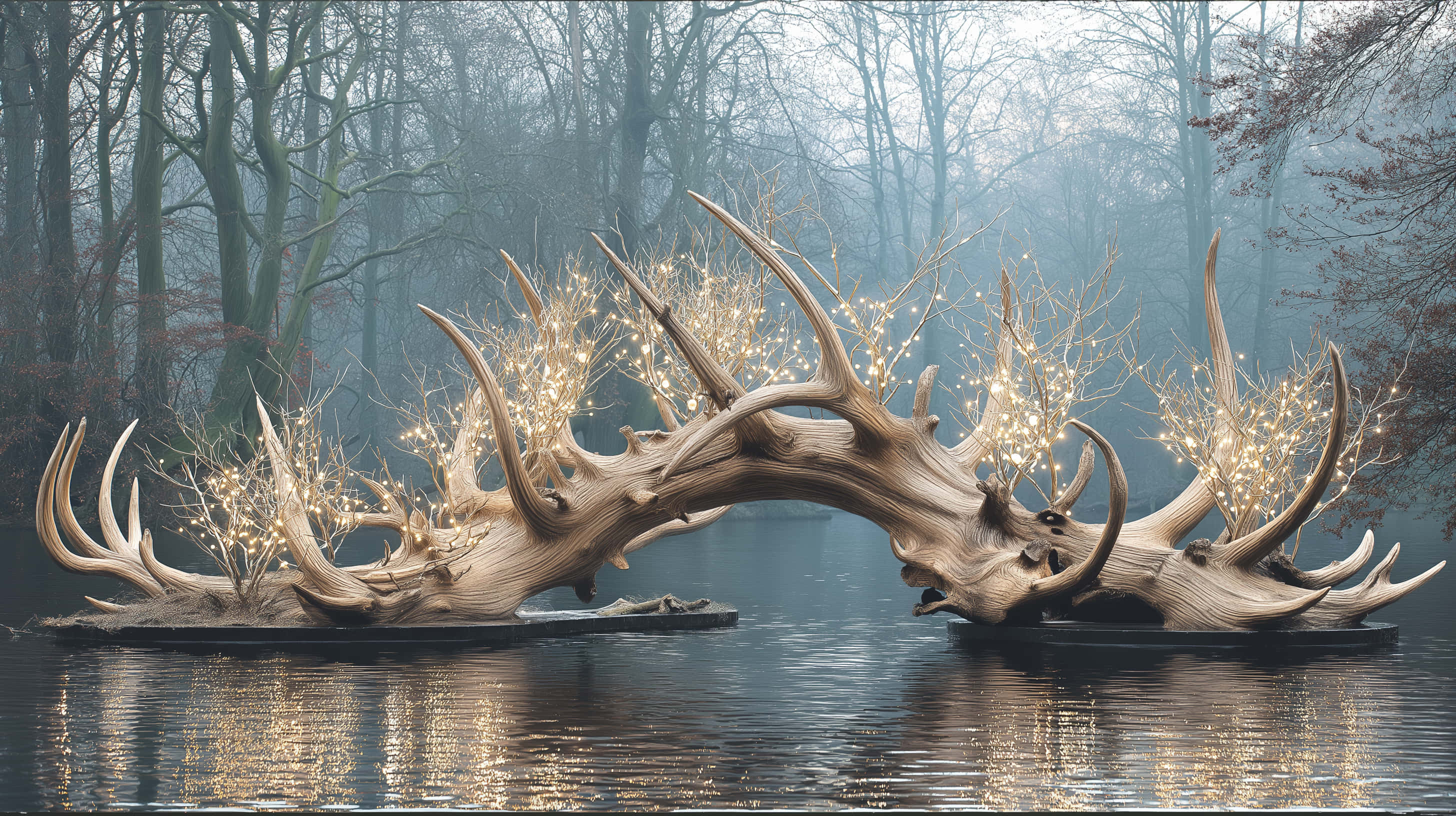 arched driftwood sculpture, glowing lights, misty pond, 2K Desktop Wallpaper