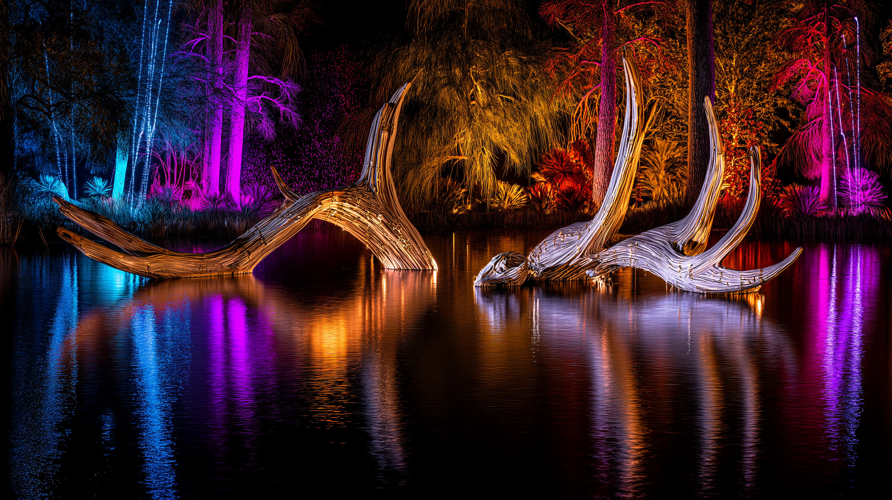 neon purple, orange lights, dark water, 2K Desktop Wallpaper