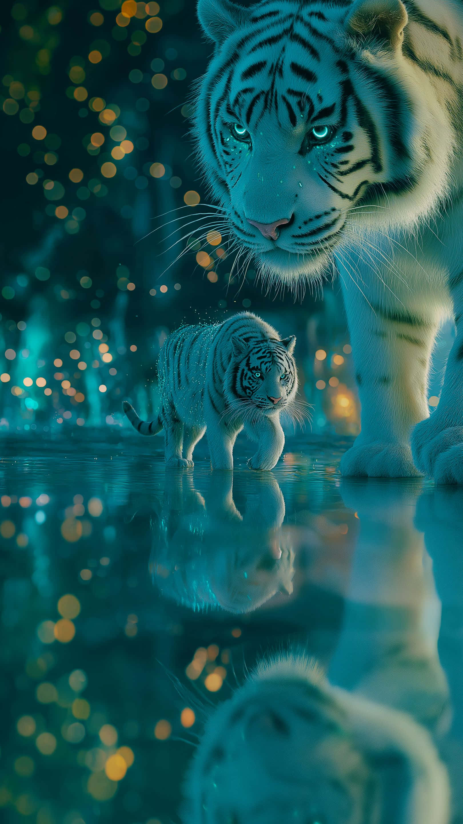 white tiger, cub, bioluminescent forest pond, 2K Phone Wallpaper