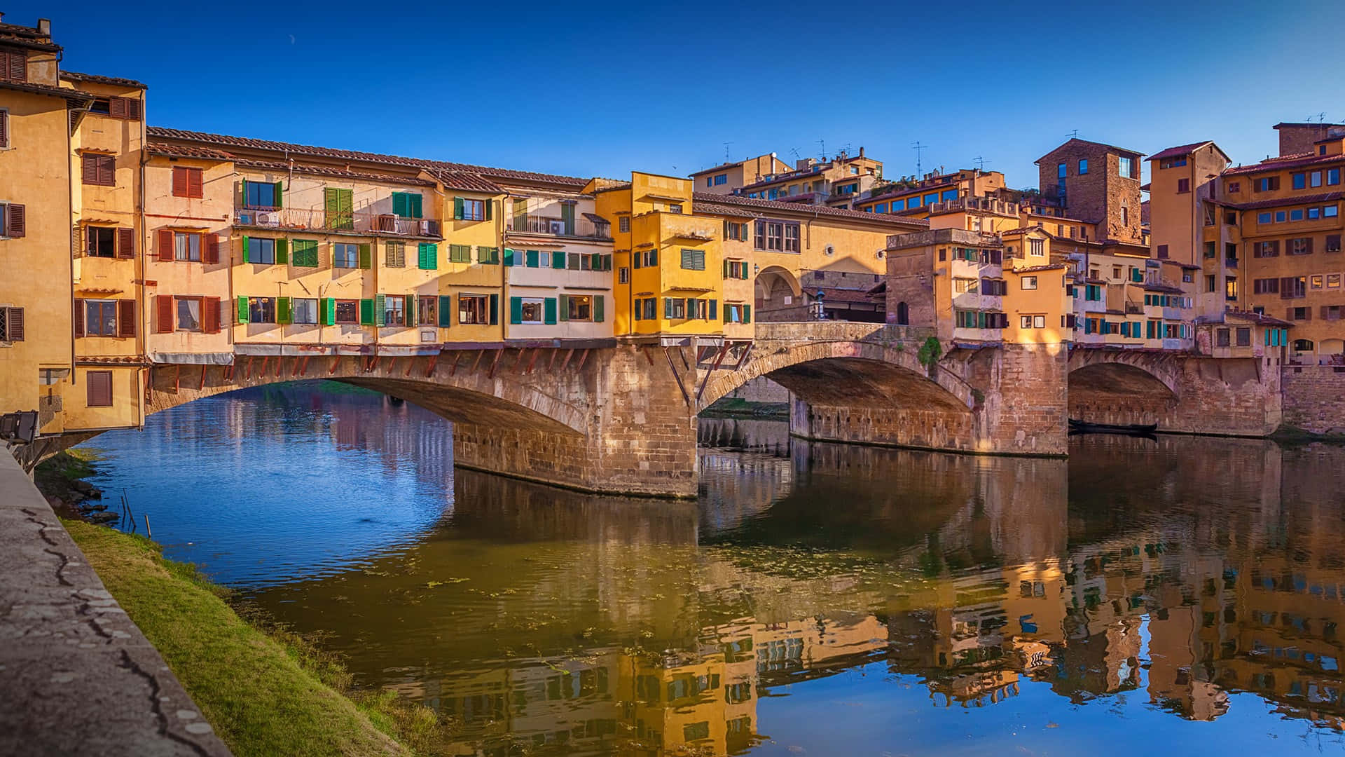 Ponte Vecchio, stone bridge, calm river, Full HD Desktop Wallpaper