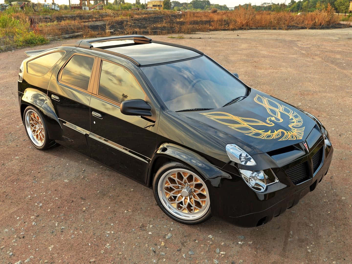 Pontiac Aztek, glossy black, gold flame decals, HD Desktop Wallpaper