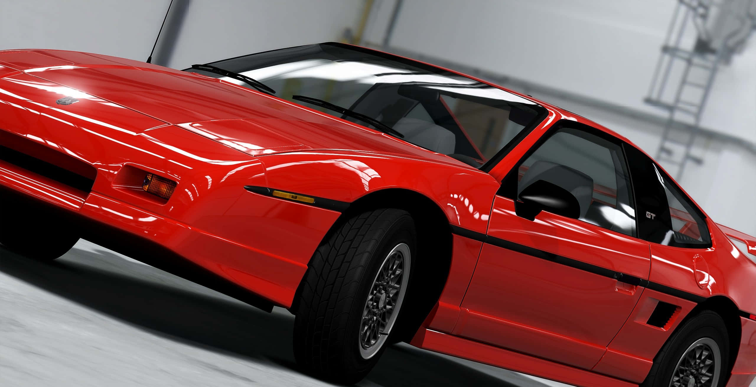 Pontiac Fiero, glossy red, black trim, 2K Desktop Wallpaper
