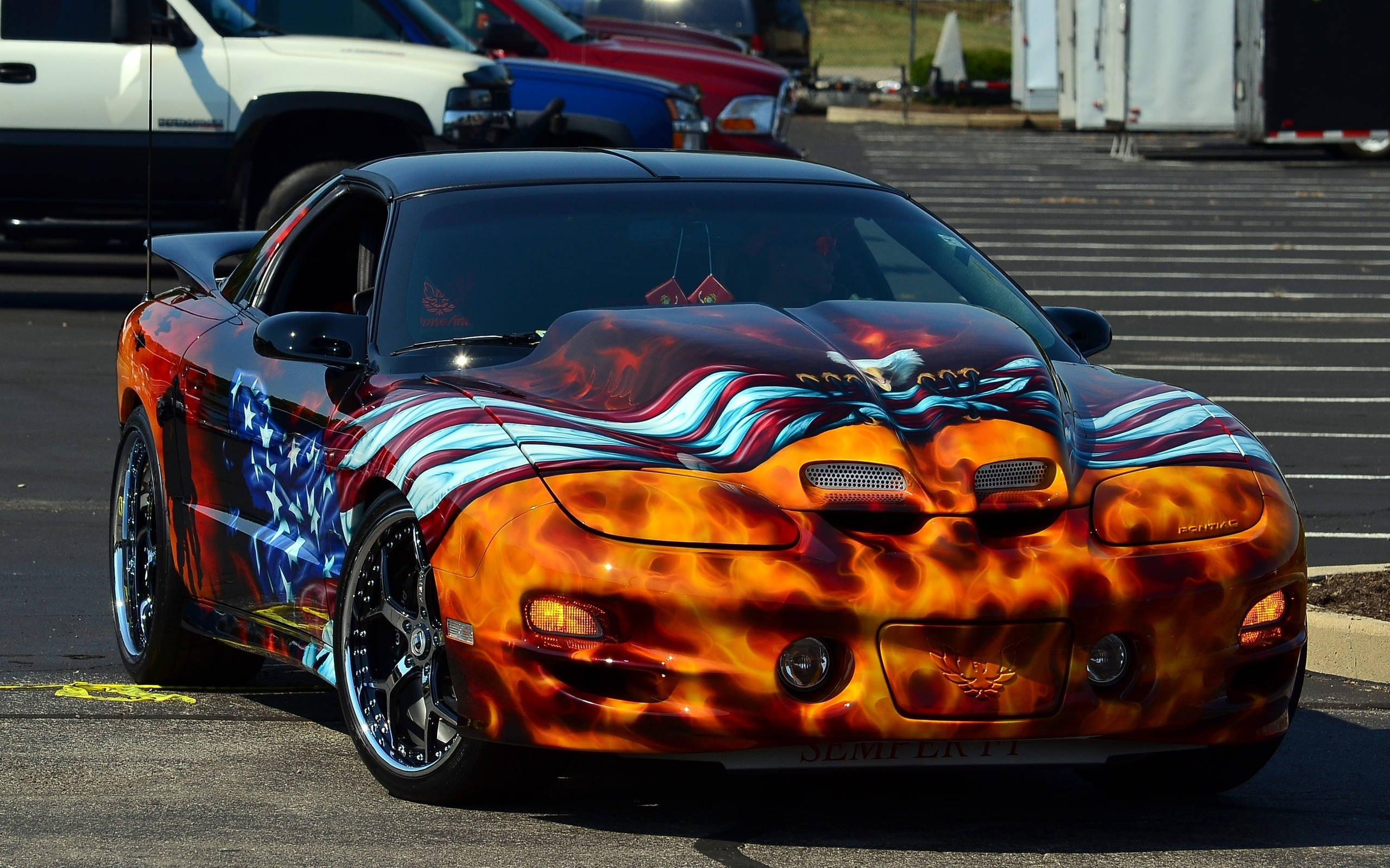 Pontiac Firebird, flame-painted, patriotic graphics, 2K Desktop Wallpaper