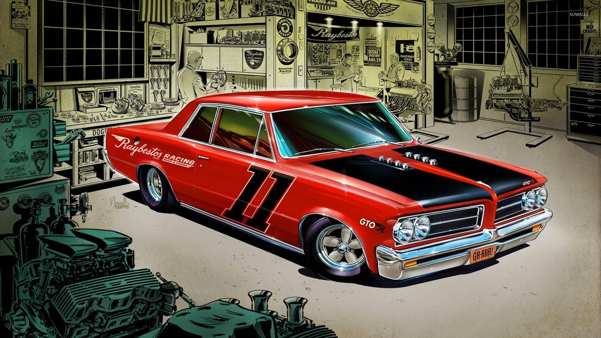 Pontiac GTO, vibrant red, black stripes, Full HD Desktop Wallpaper