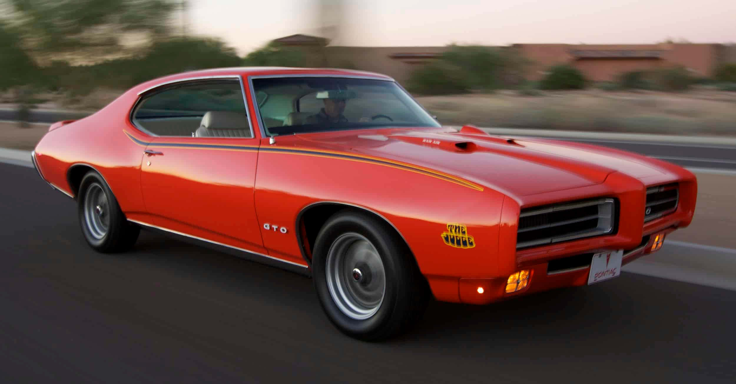 1969 Pontiac GTO, vibrant red, desert highway, Full HD Desktop Wallpaper
