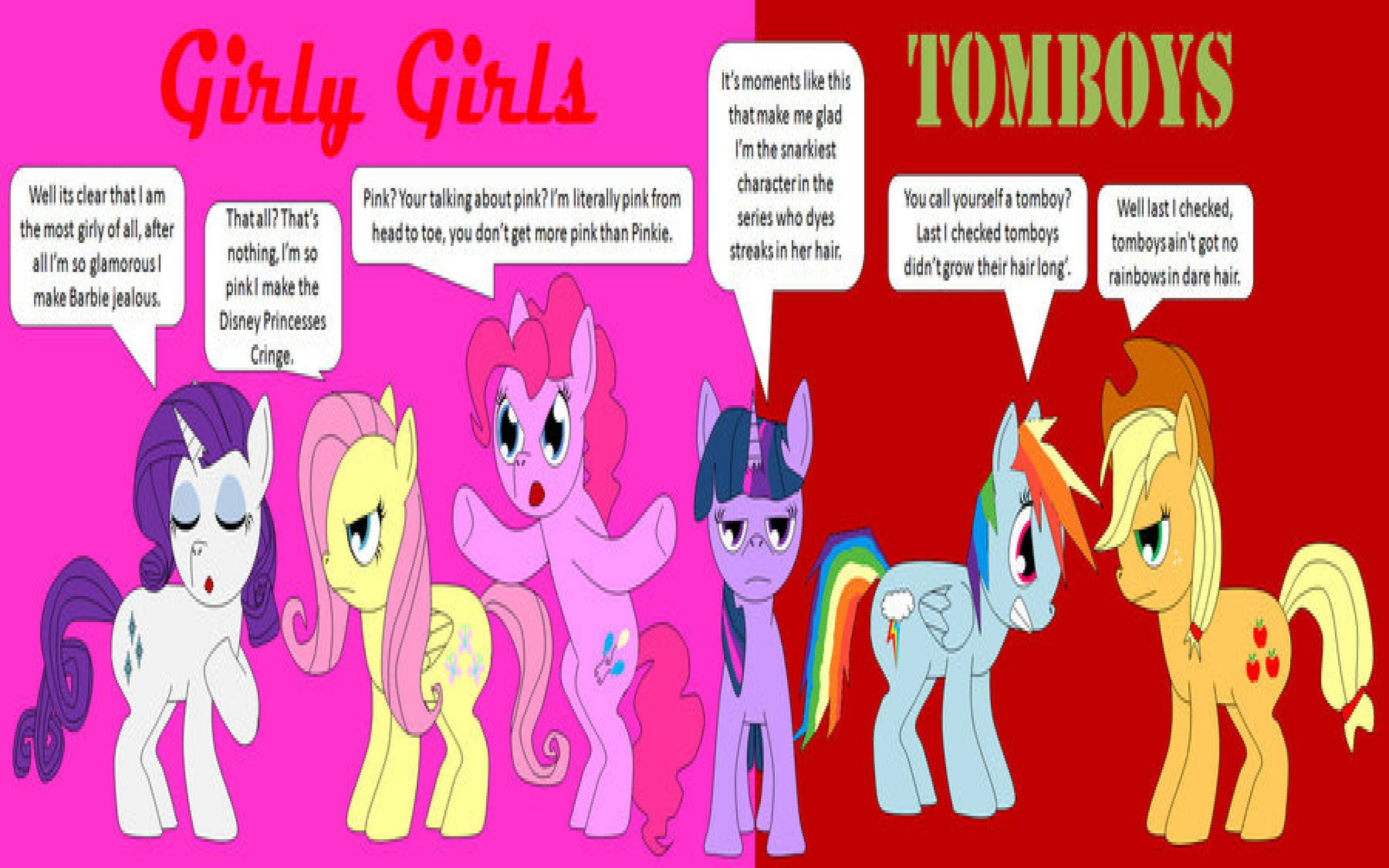 Tomboy Aesthetic Ponies, Pink background, six cartoon ponies, 2K Desktop Wallpaper