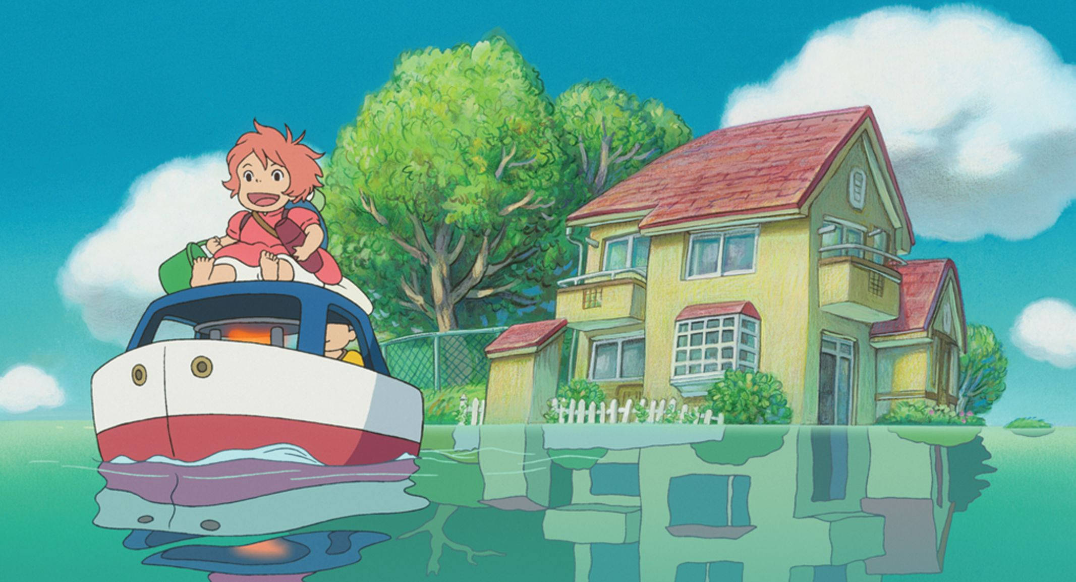Ponyo, red-haired girl, yellow house, Full HD Desktop Wallpaper