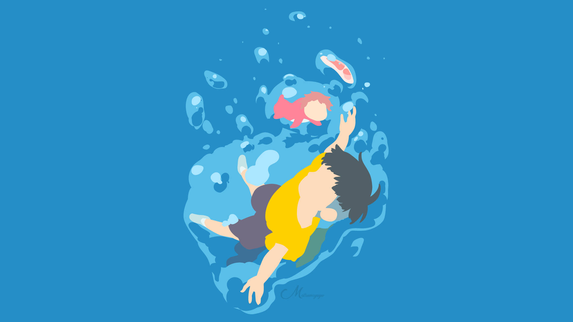 Ponyo, blue background, yellow shirt, Full HD Desktop Wallpaper