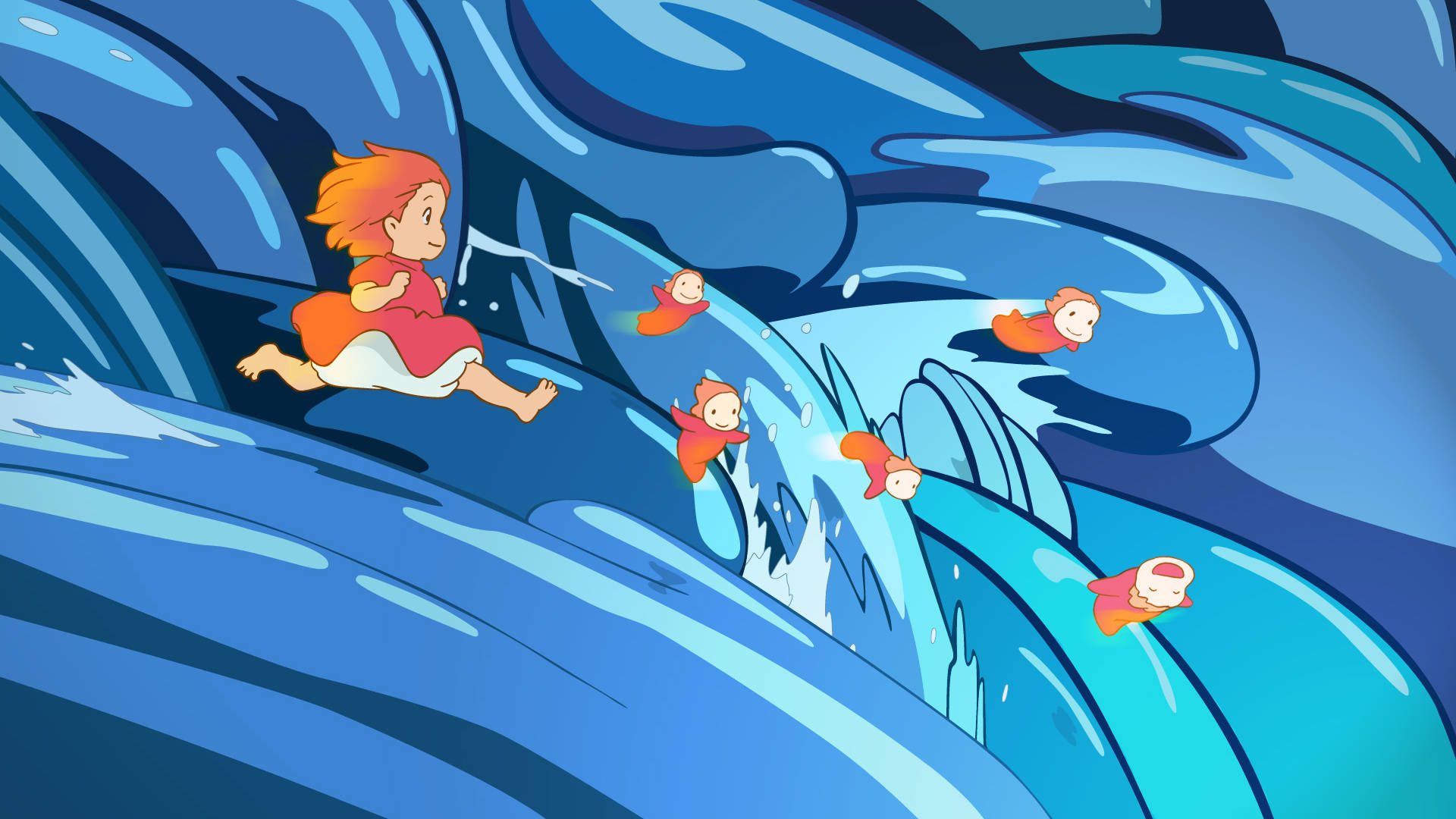 Ponyo, blue ocean wave, red dress, Full HD Desktop Wallpaper