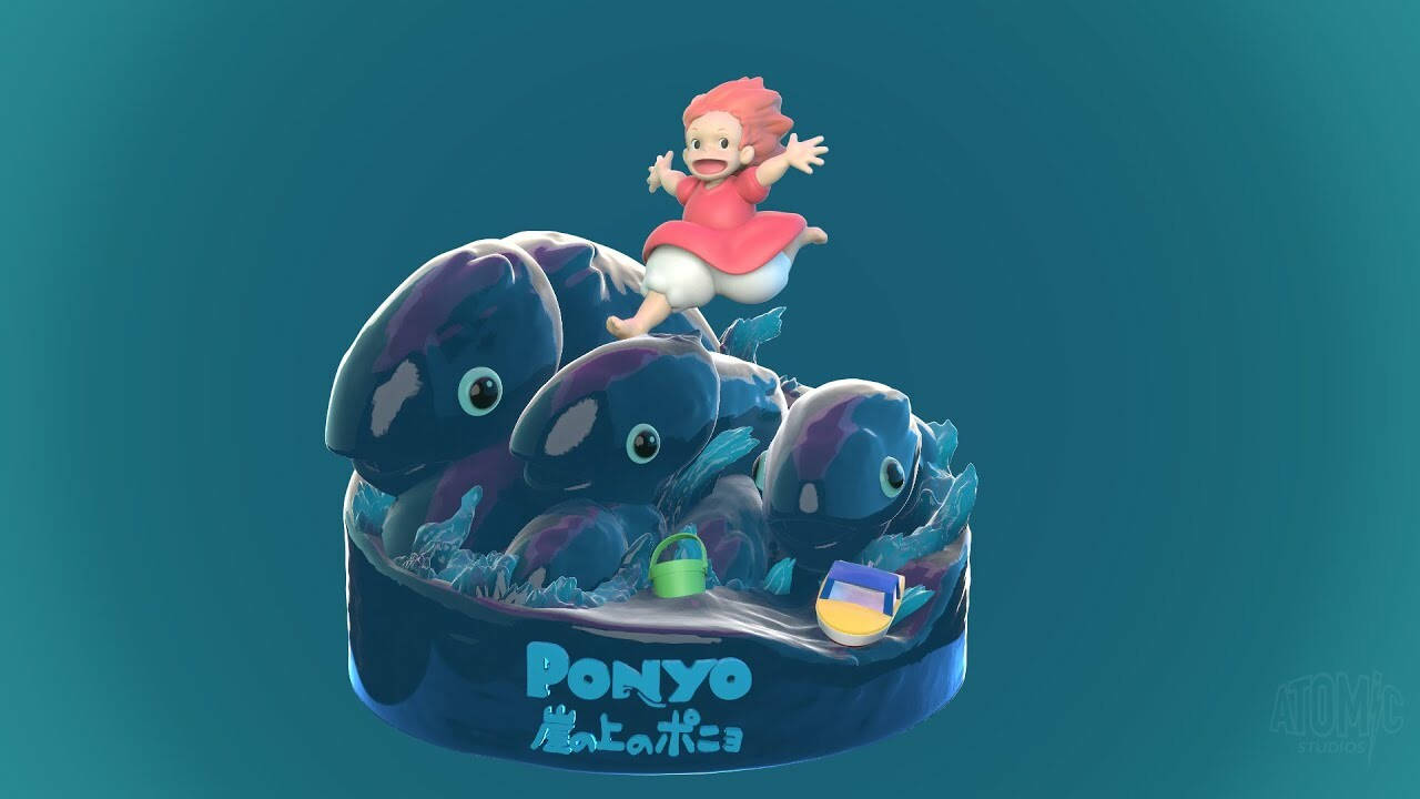 Ponyo, red-haired girl, blue fish, HD Desktop Wallpaper