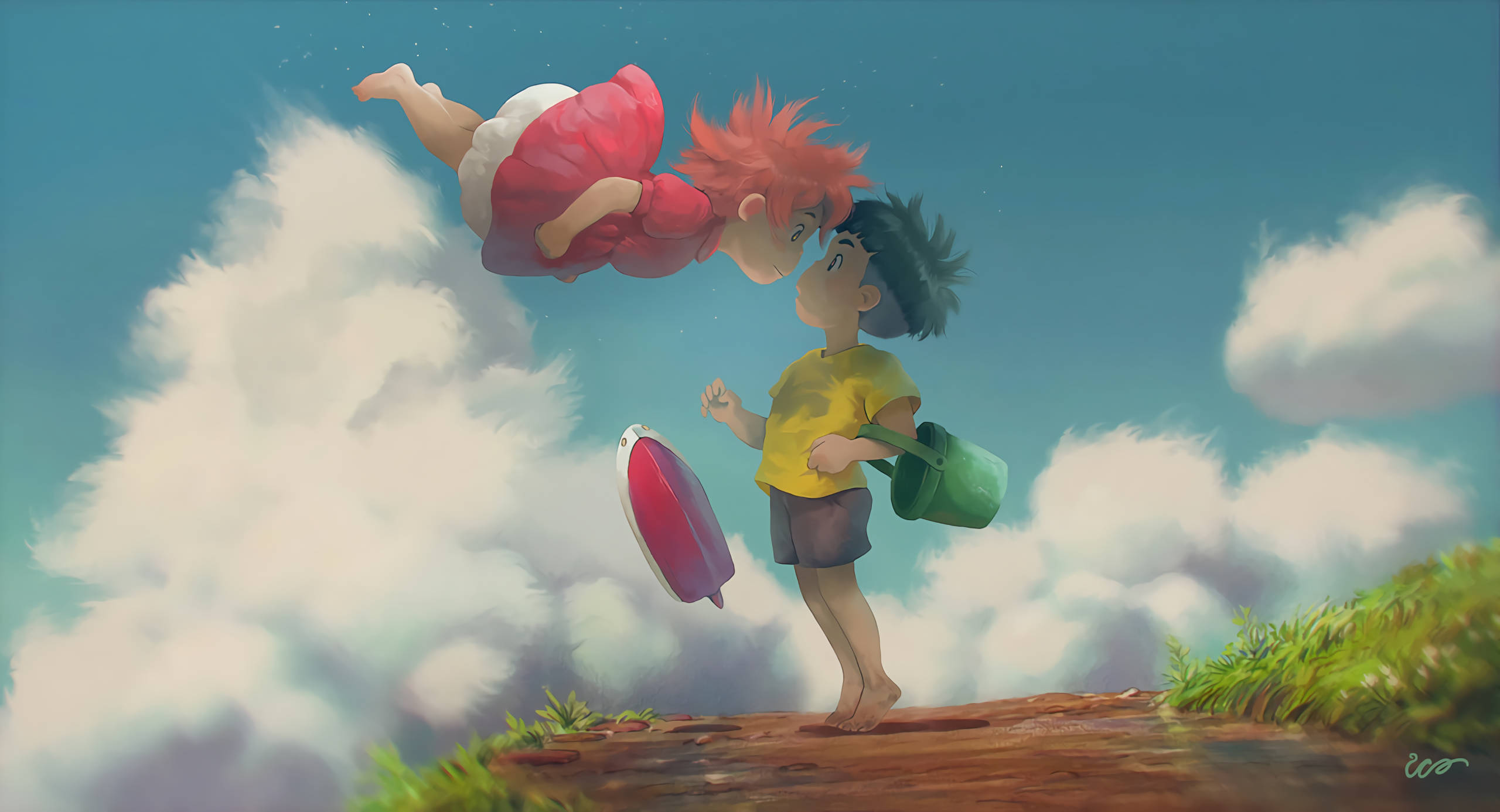 Ponyo, cliff, yellow shirt, 2K Desktop Wallpaper
