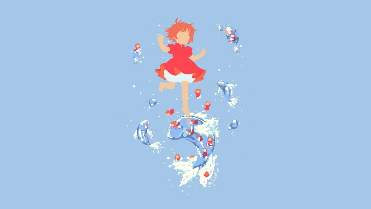 Ponyo, red-dressed girl, blue whale, SD Desktop Wallpaper