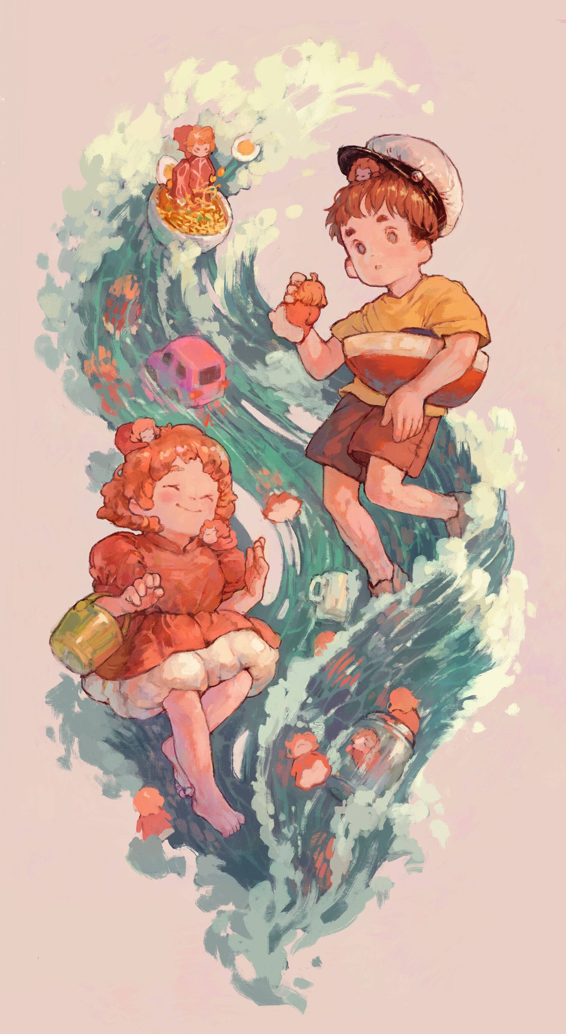 Ponyo, whimsical wave, floating food, 2K Phone Wallpaper