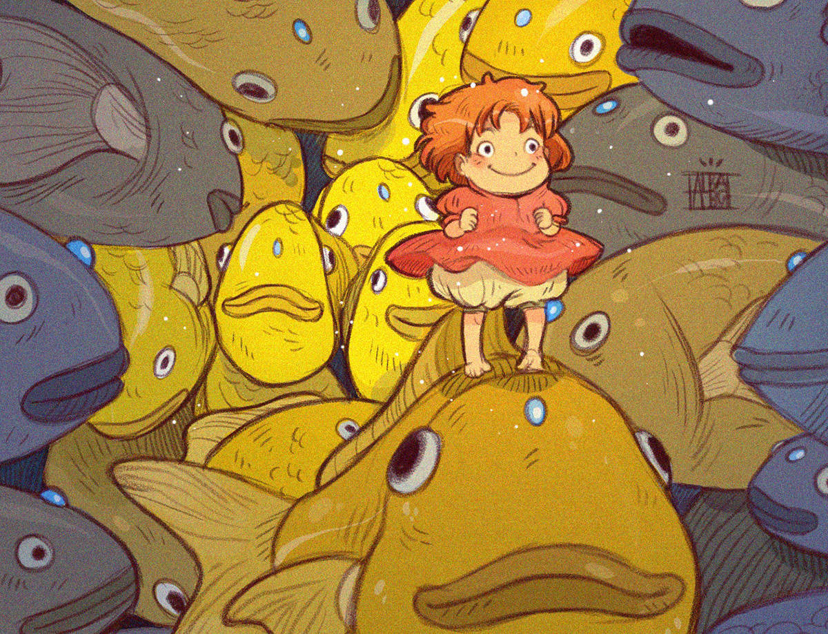 Ponyo, red dress, yellow and gray fish, SD Desktop Wallpaper