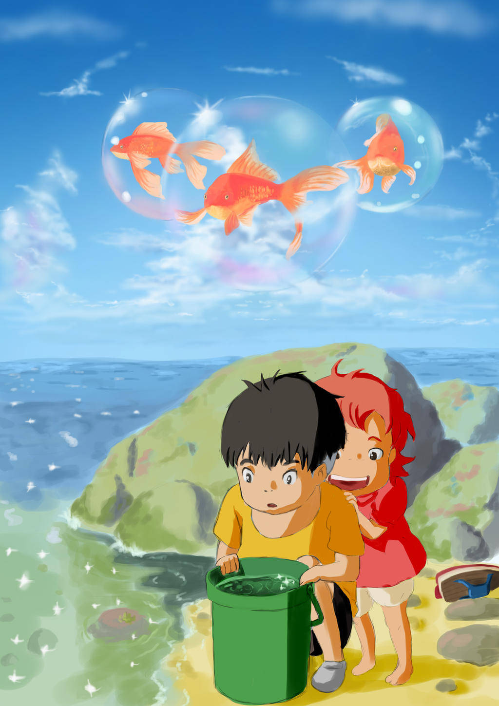 Ponyo, goldfish, sunny beach, HD Phone Wallpaper