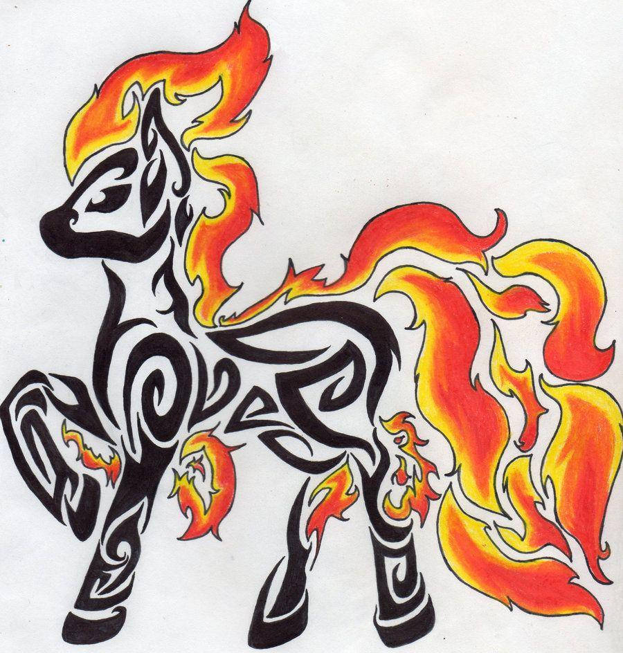 Ponyta, black tribal, fiery orange and yellow mane tail, SD Phone Wallpaper
