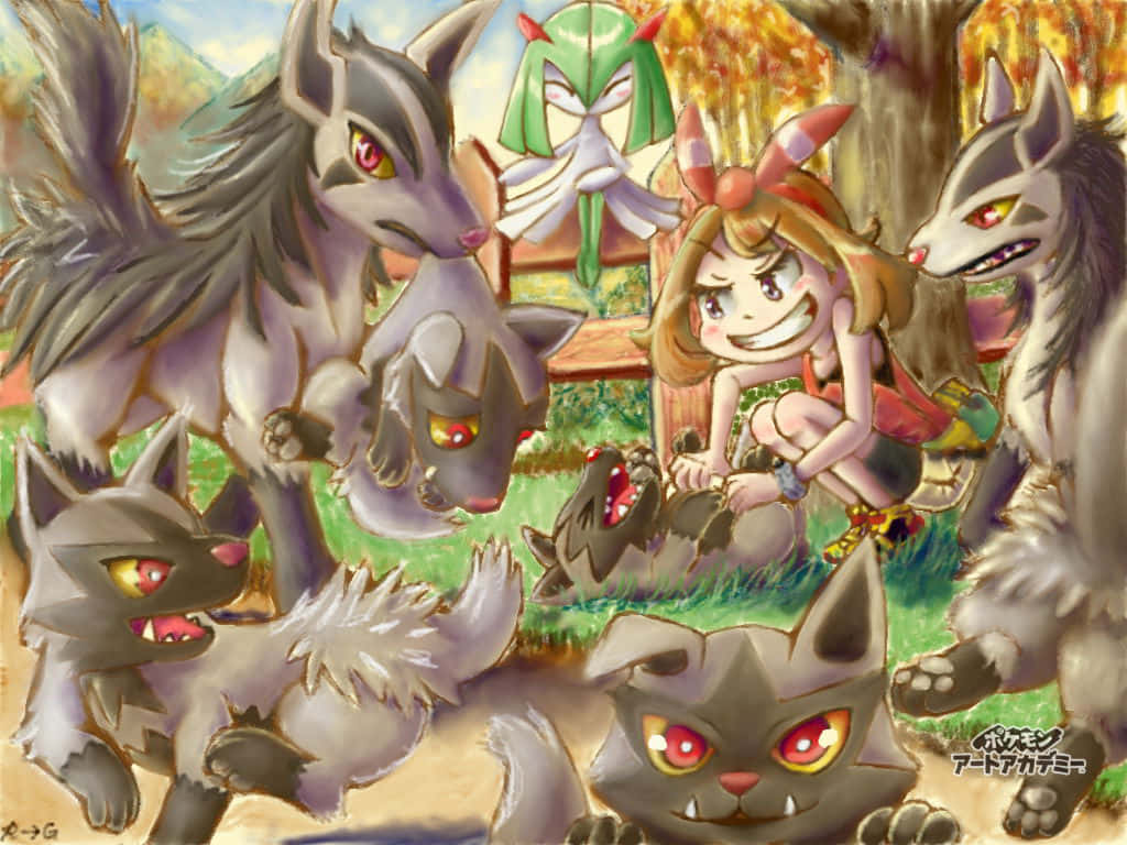 Poochyena, bunny ears, sunlit forest clearing, SD Desktop Wallpaper