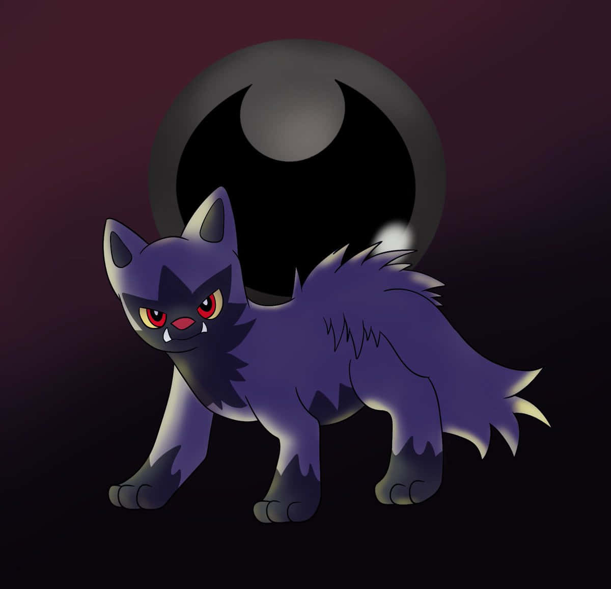 Dark Poochyena, purple cat-like creature, glowing red eyes, SD Desktop Wallpaper