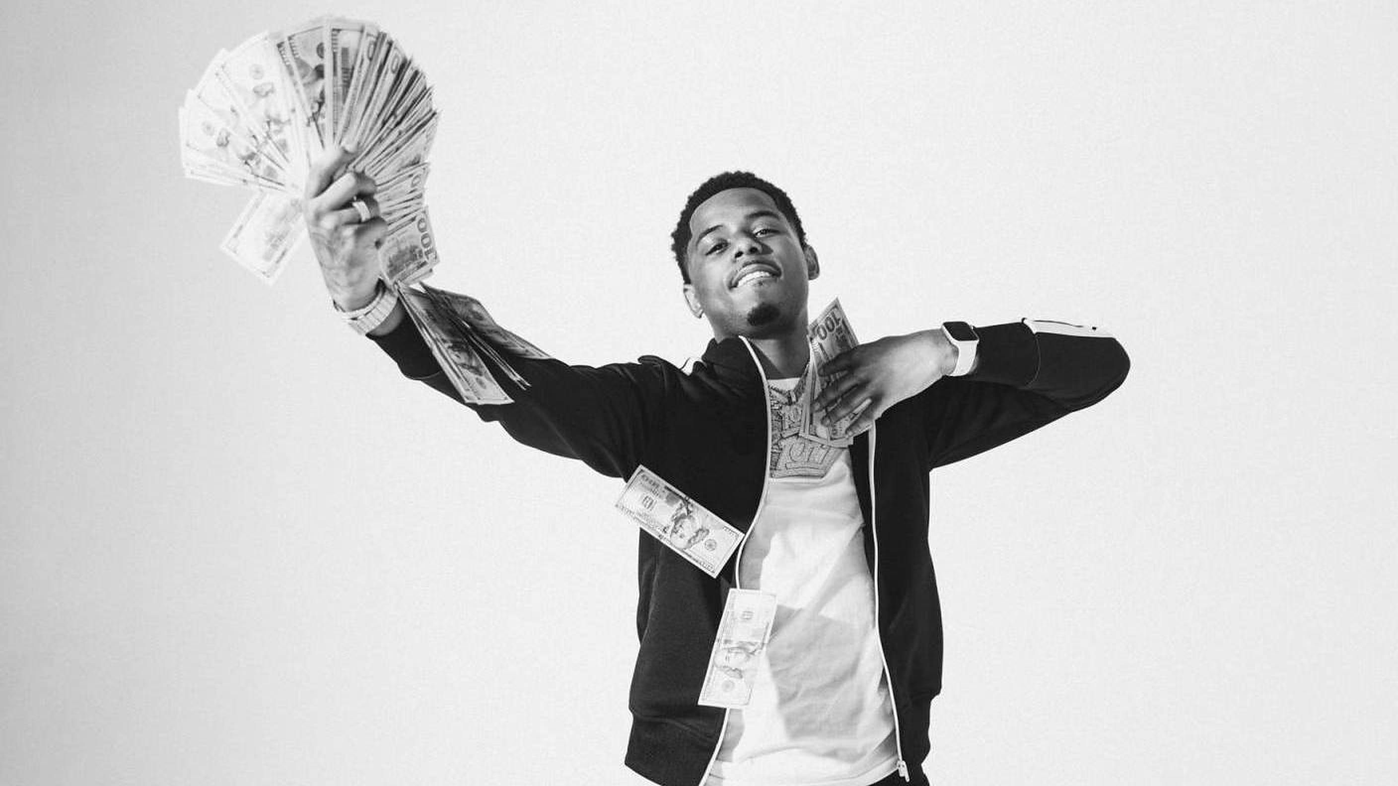 Pooh Shiesty, black jacket, fanned-out cash, 2K Desktop Wallpaper