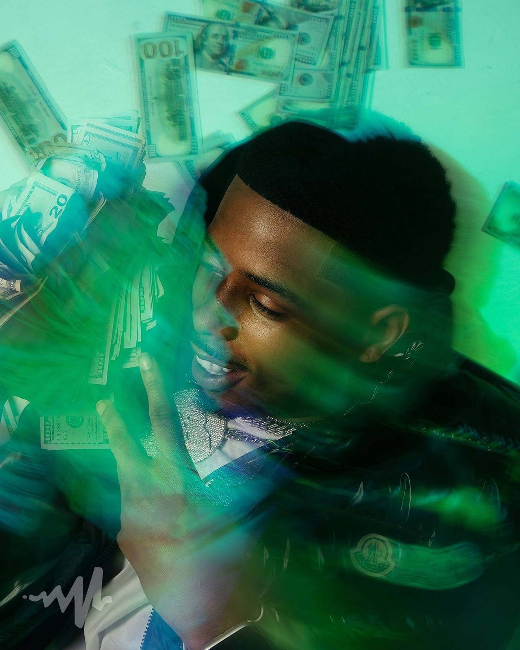 Pooh Shiesty, green hazy, dollar bills, Full HD Phone Wallpaper