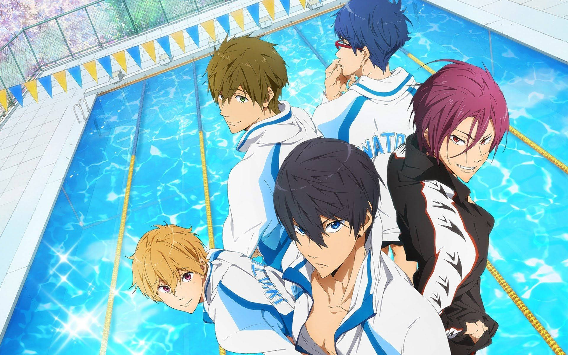 anime swimmers, white and blue uniforms, sparkling pool, Full HD Desktop Wallpaper