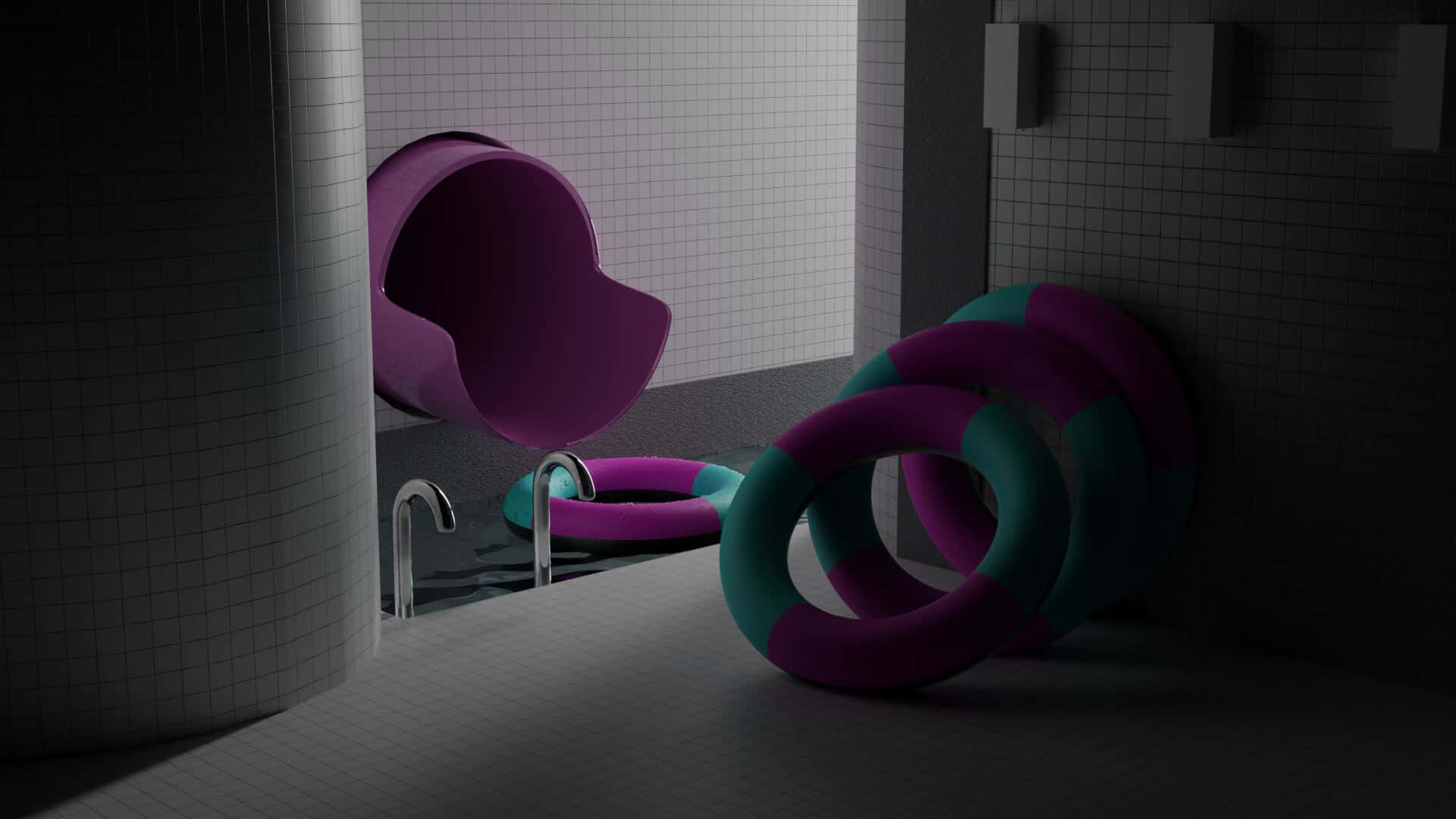 purple and teal lifebuoys, floating purple chair, chrome faucets, Full HD Desktop Wallpaper