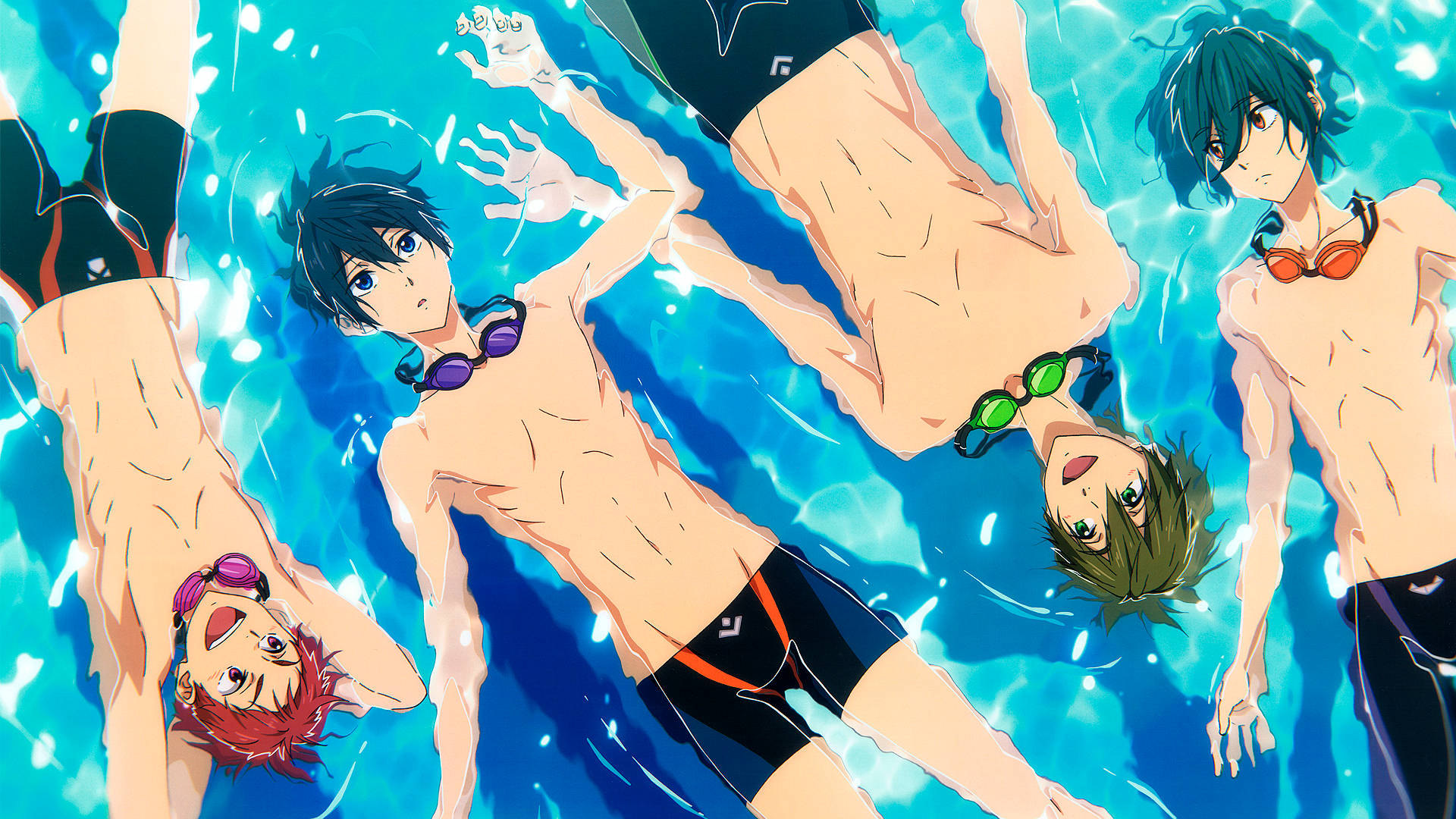 anime swimmers, vibrant blue water, colorful goggles, Full HD Desktop Wallpaper