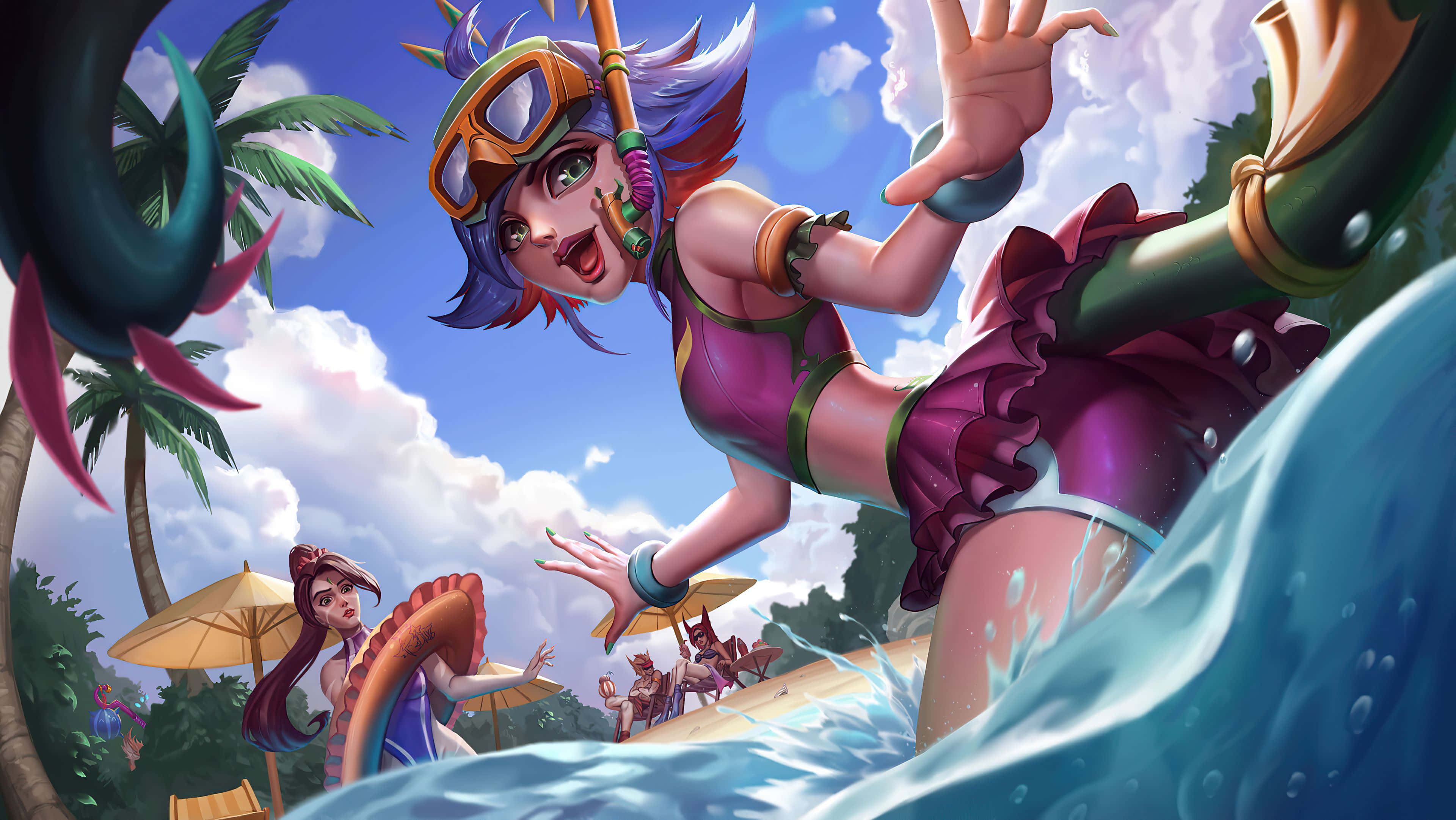 anime girl, snorkel gear, ocean waves, 4K Desktop Wallpaper