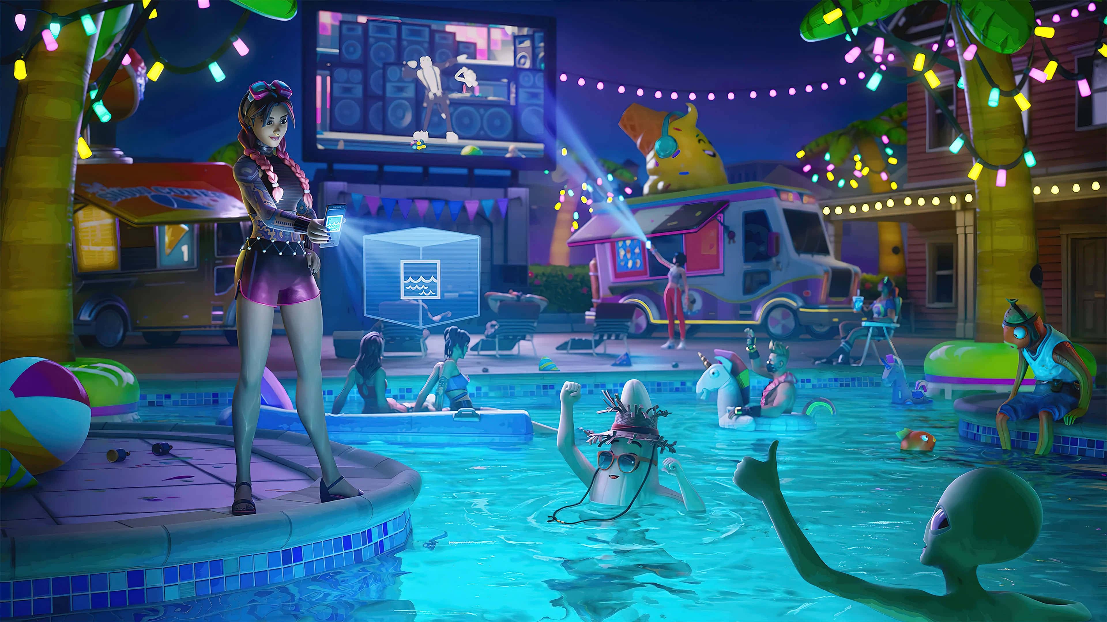 animated nighttime pool party scene, glowing string lights, food trucks, 4K Desktop Wallpaper