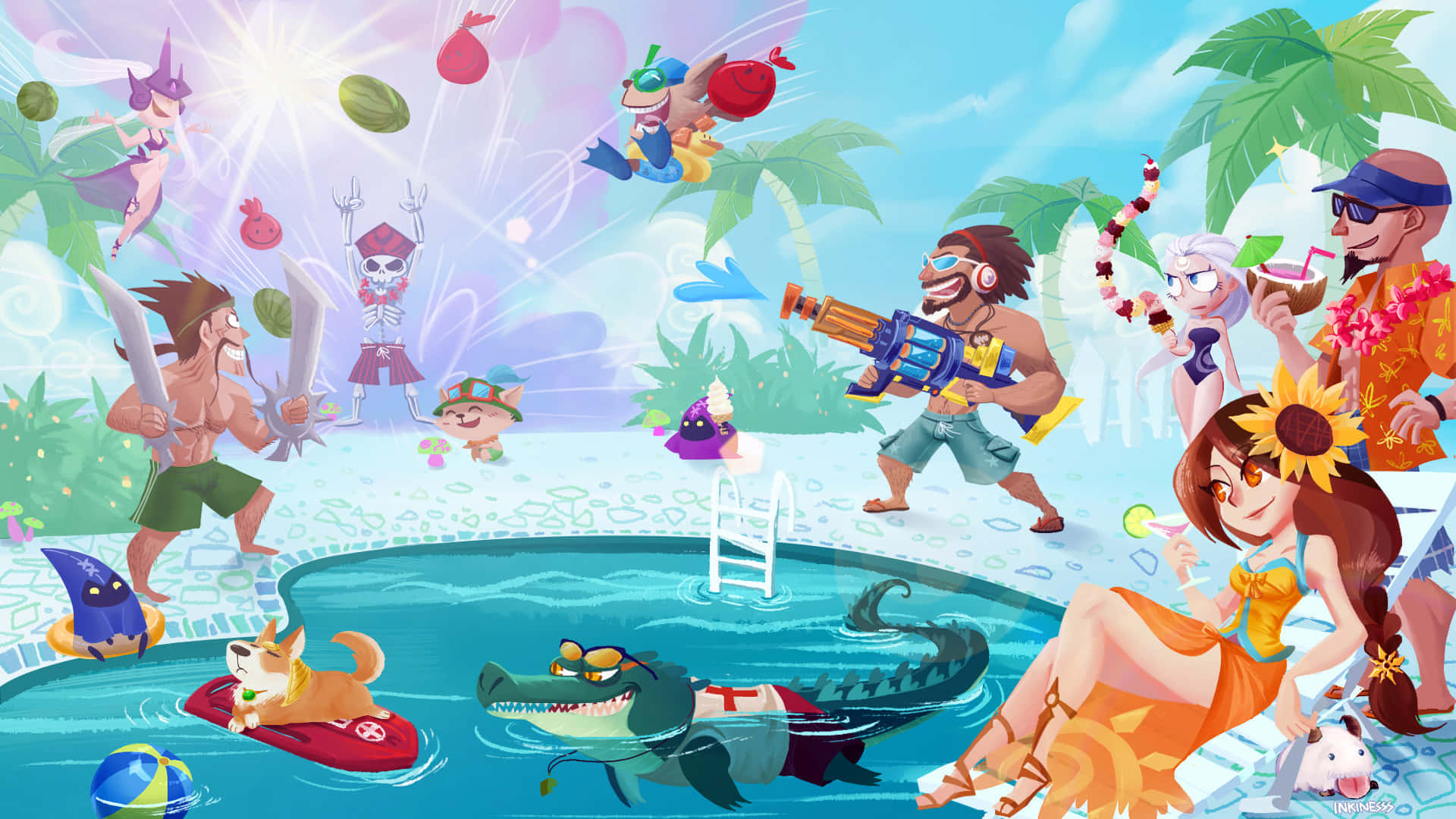 animated summer pool party fun, crocodile in sunglasses, dog on a surfboard, Full HD Desktop Wallpaper