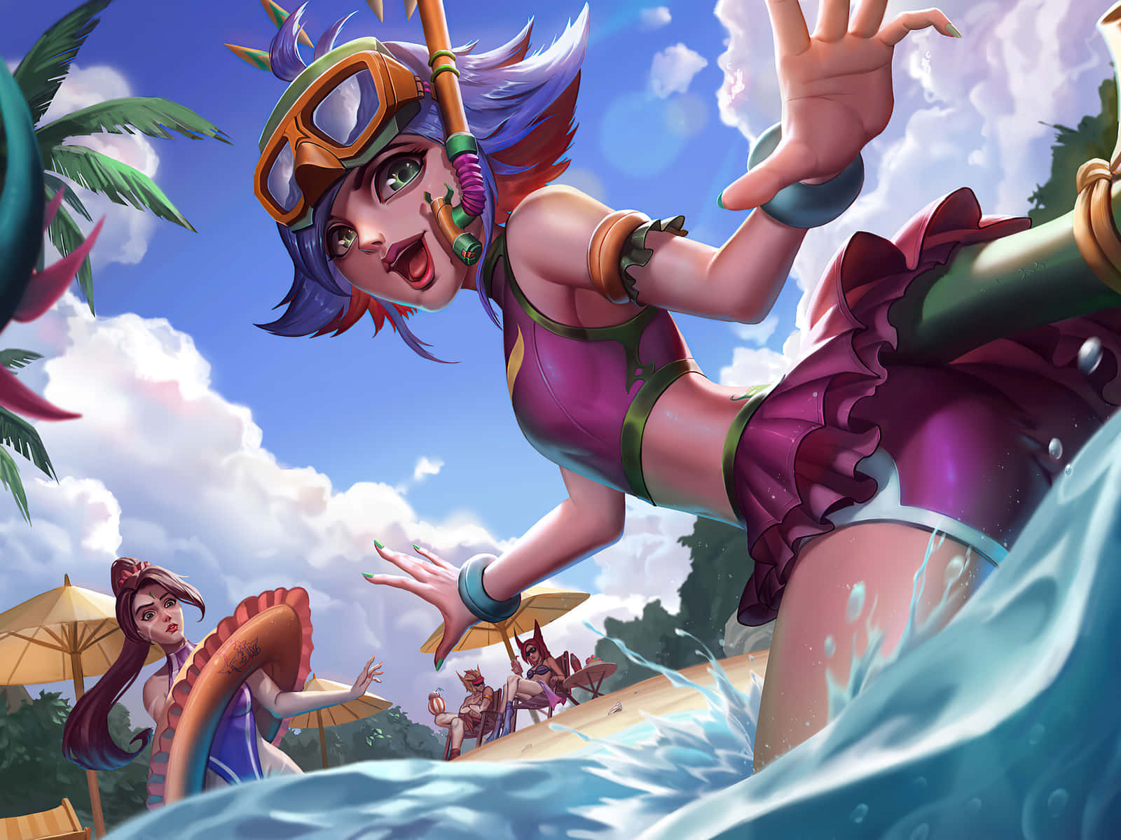 animated pool party dive, anime-style girl, purple swimsuit, HD Desktop Wallpaper