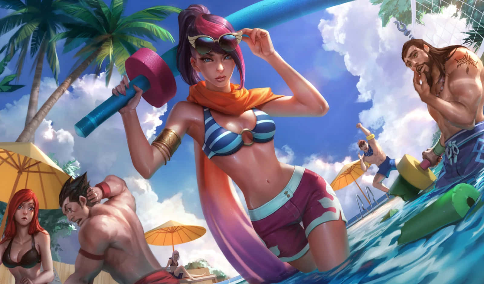 animated pool party scene, anime-style woman, purple hair, HD Desktop Wallpaper