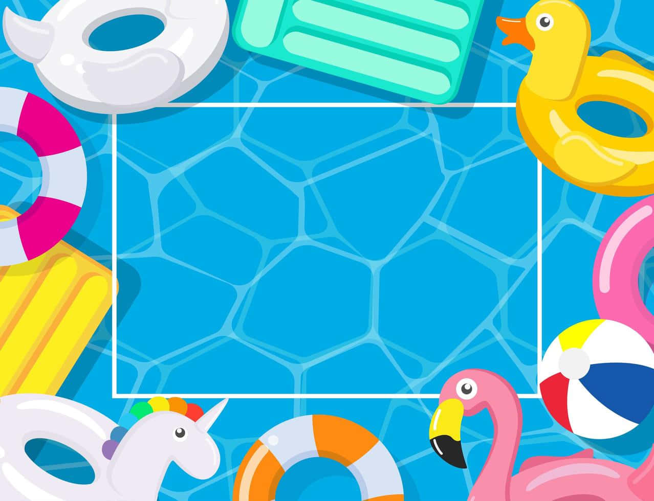 colorful cartoon pool floats, blue tiled pool, white border, SD Desktop Wallpaper