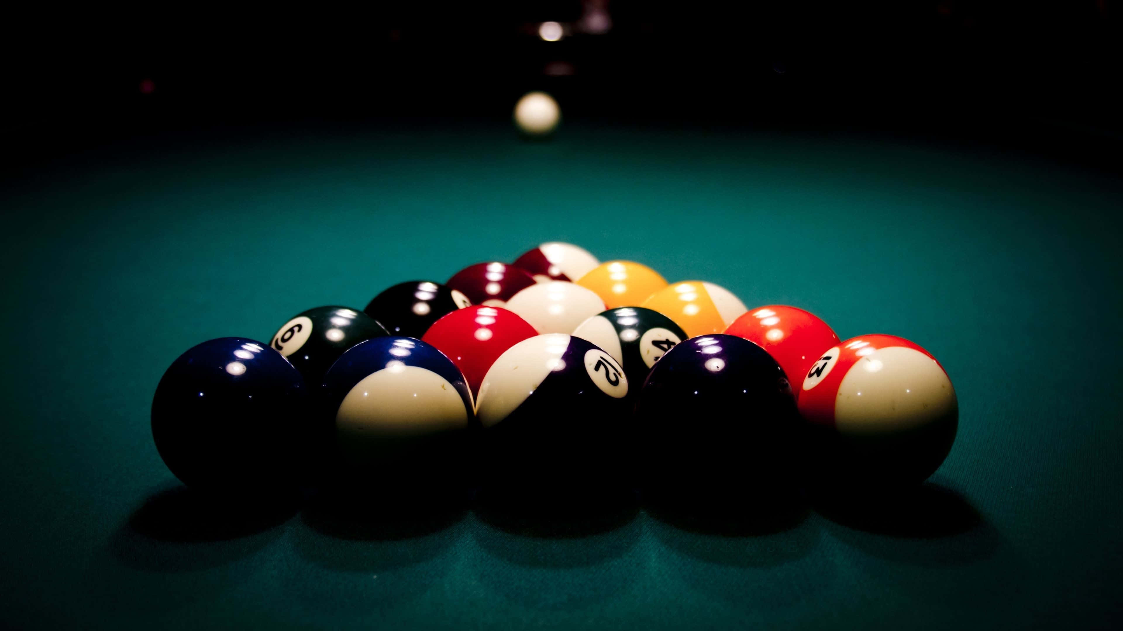triangle pool table balls, colorful billiard balls, dark green felt table, 4K Desktop Wallpaper