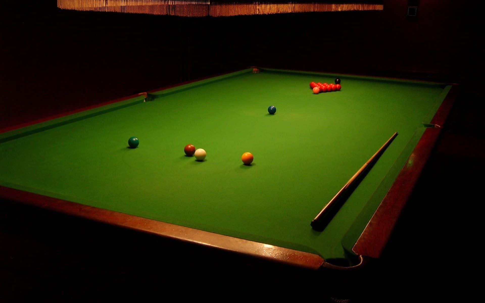 pool table, scattered balls, cue stick, Full HD Desktop Wallpaper