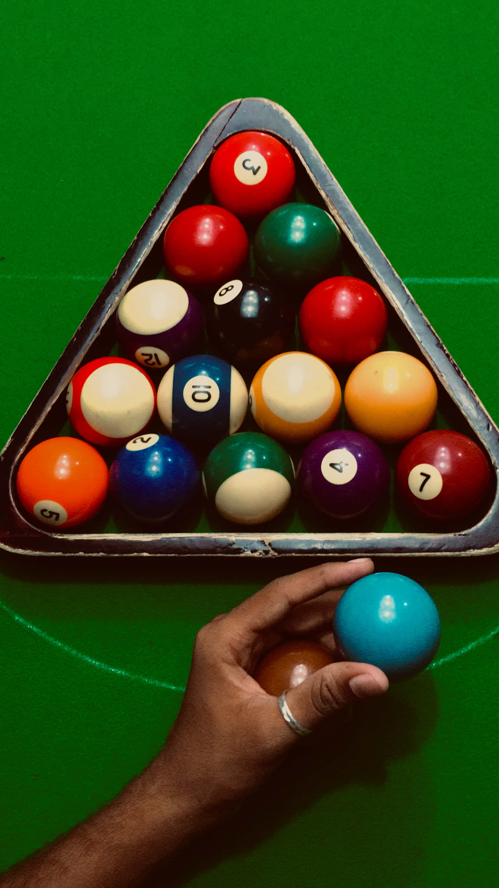 blue pool ball, racked triangle of colorful billiard balls, vibrant green felt table, 2K Phone Wallpaper