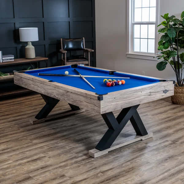 blue felt, wooden pool table, crossed cues, SD Desktop Wallpaper