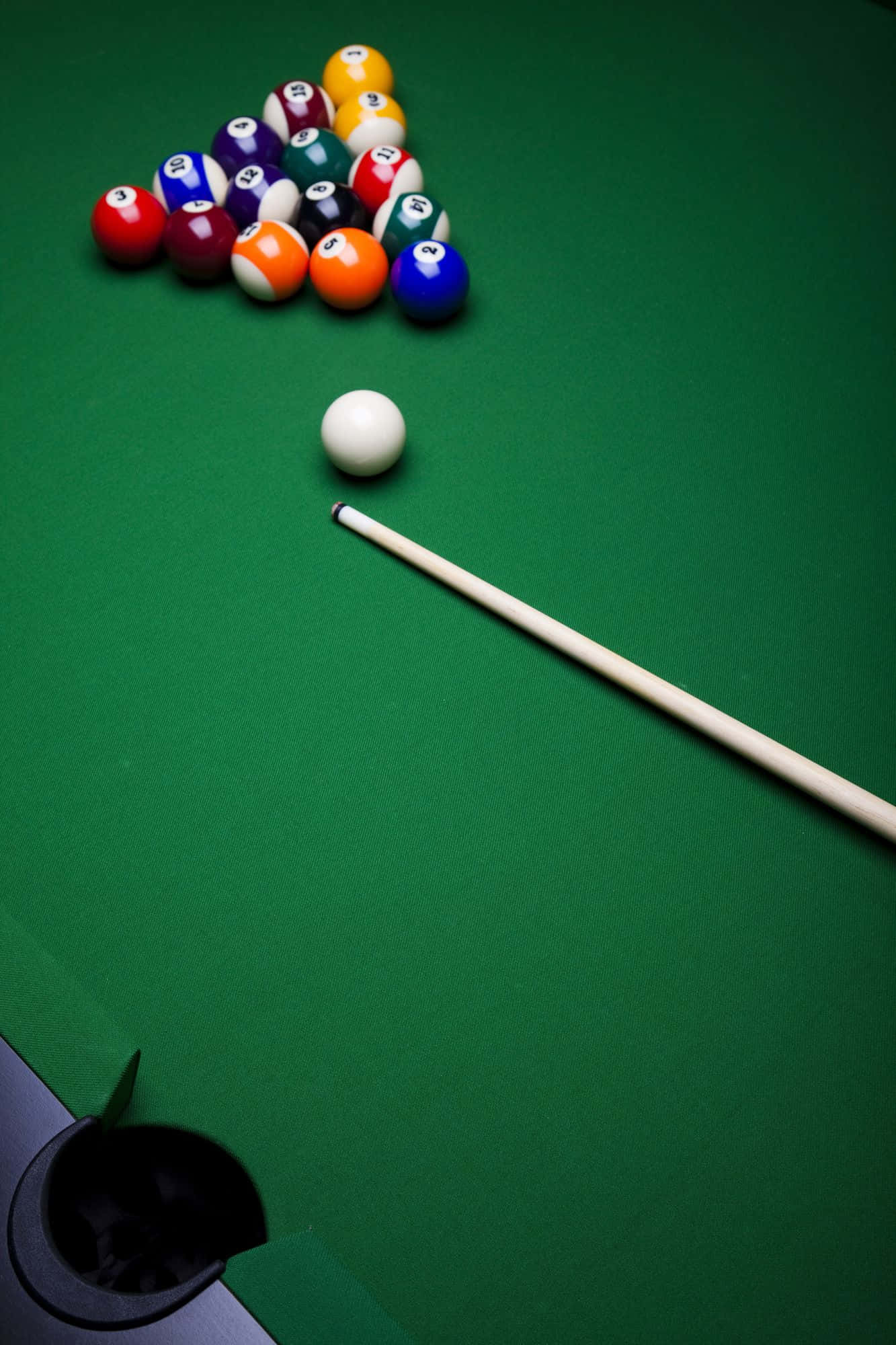 pool table, racked triangle of colorful balls, cue stick, Full HD Phone Wallpaper