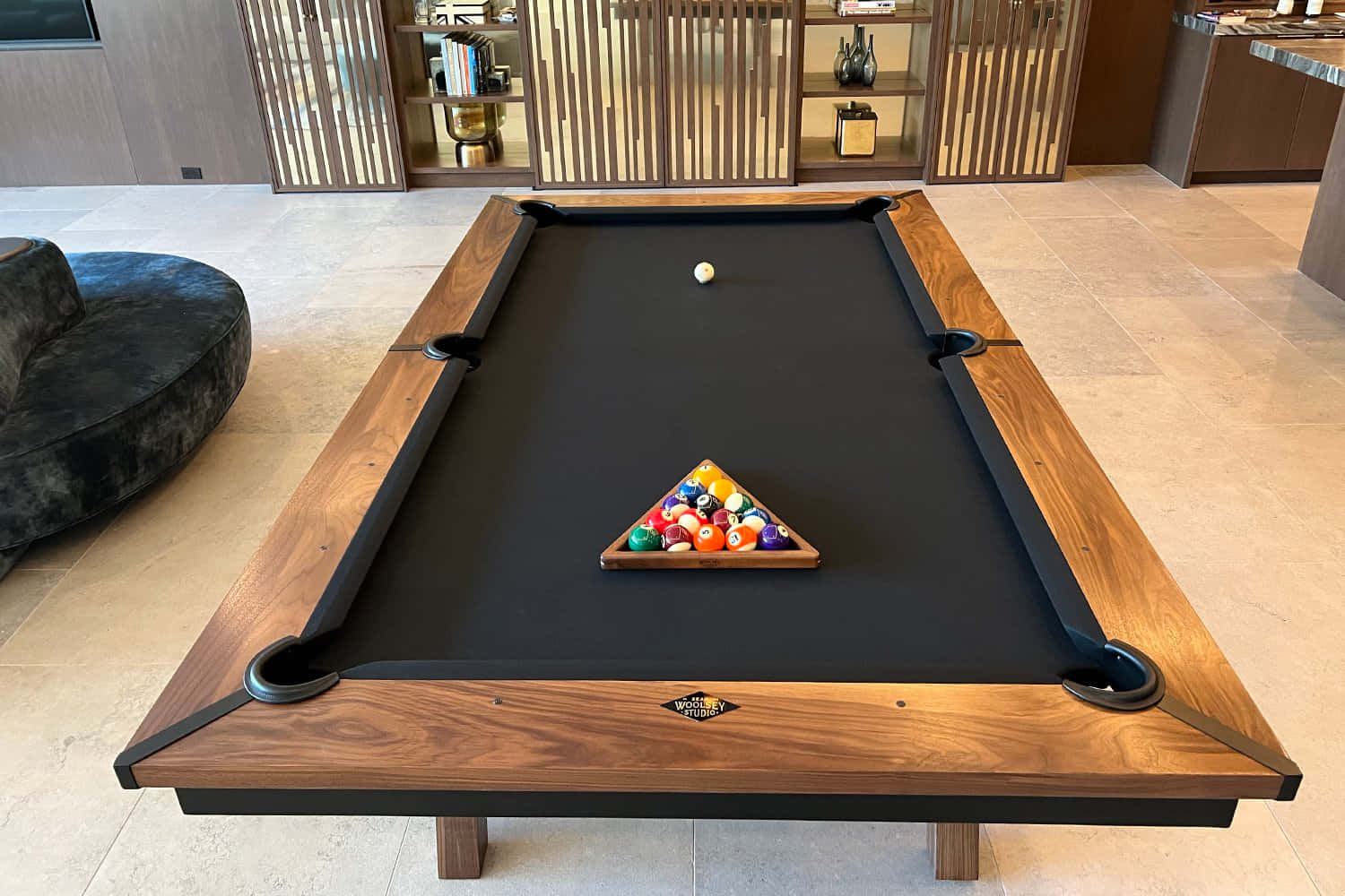 black wooden pool table, black felt, triangle rack, HD Desktop Wallpaper