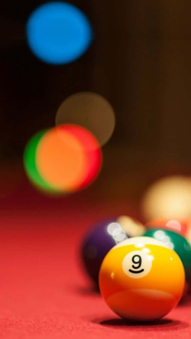 yellow nine-ball, red pool table, colorful bokeh lights, SD Phone Wallpaper