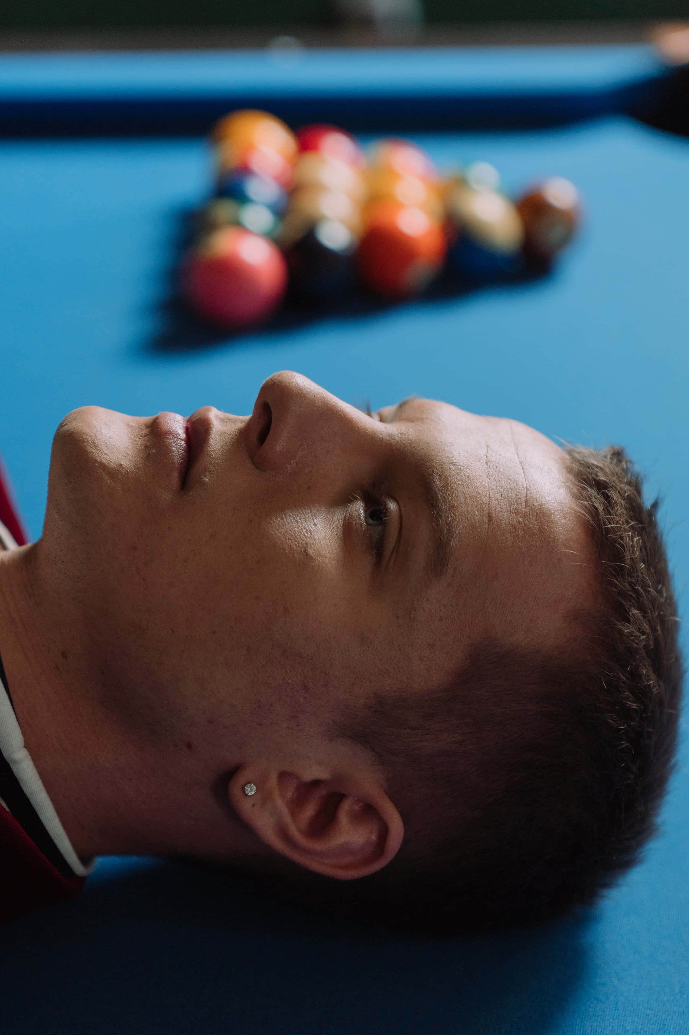 blue pool table, racked billiard balls, soft warm light, 2K Phone Wallpaper