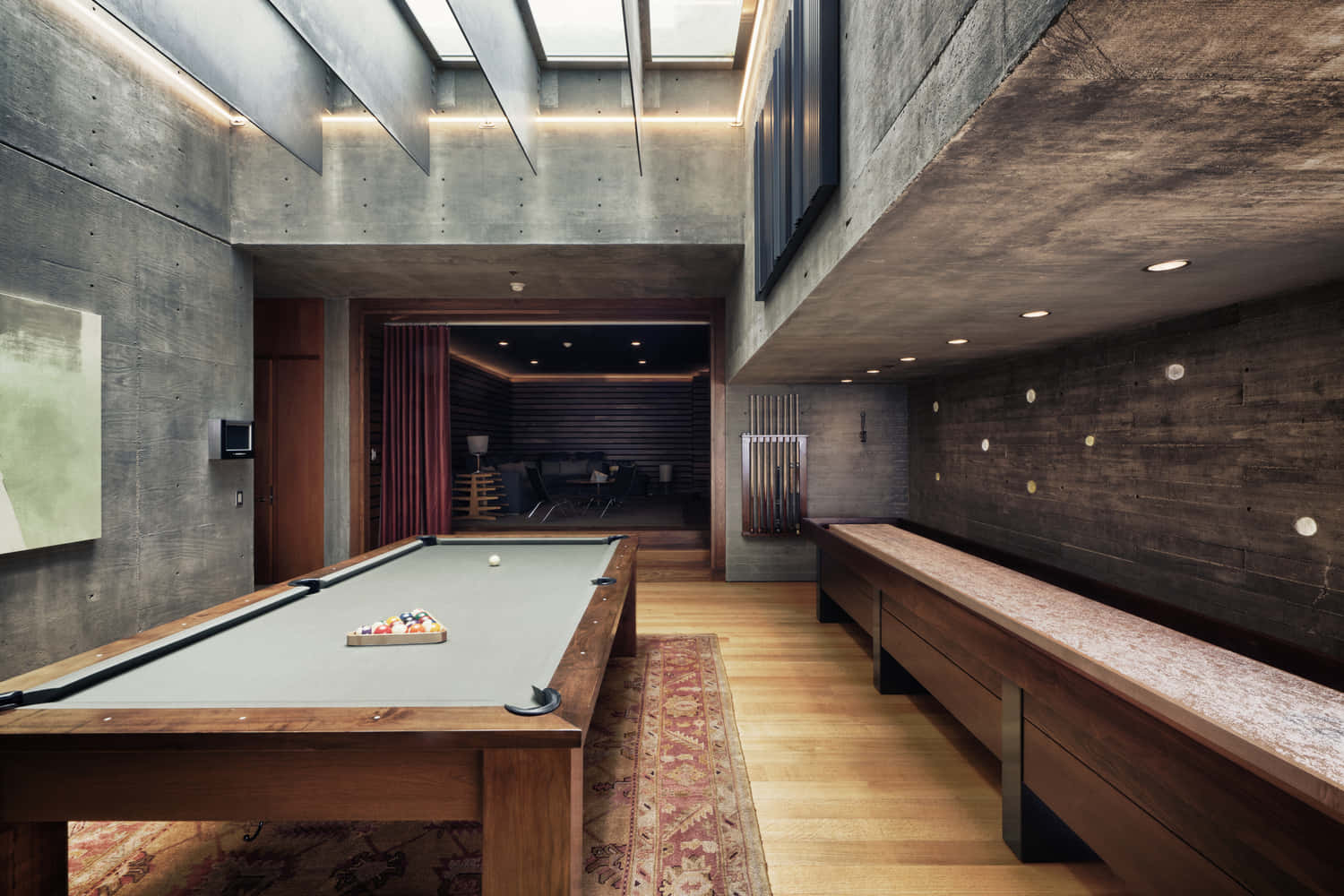 wooden pool table, modern industrial billiards room, exposed concrete walls, HD Desktop Wallpaper