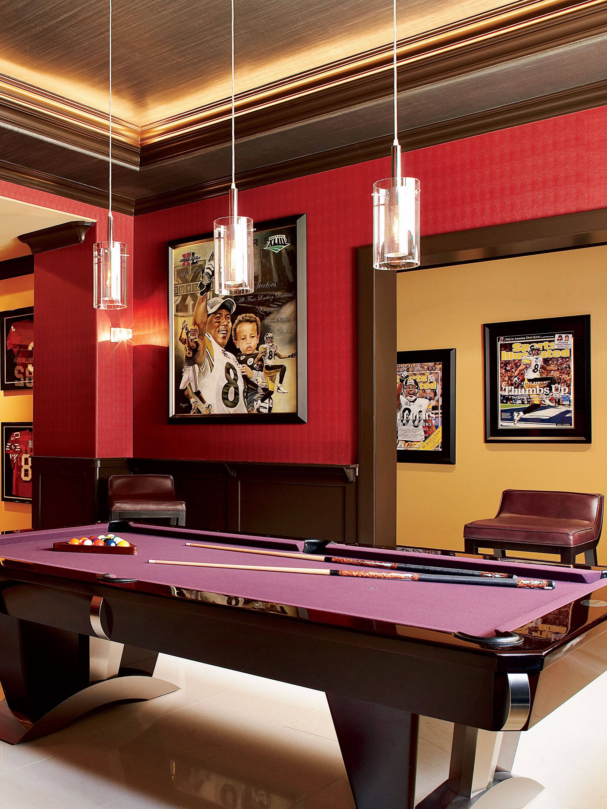 purple felt table, red and gold walls, modern pendant lights, 2K Phone Wallpaper